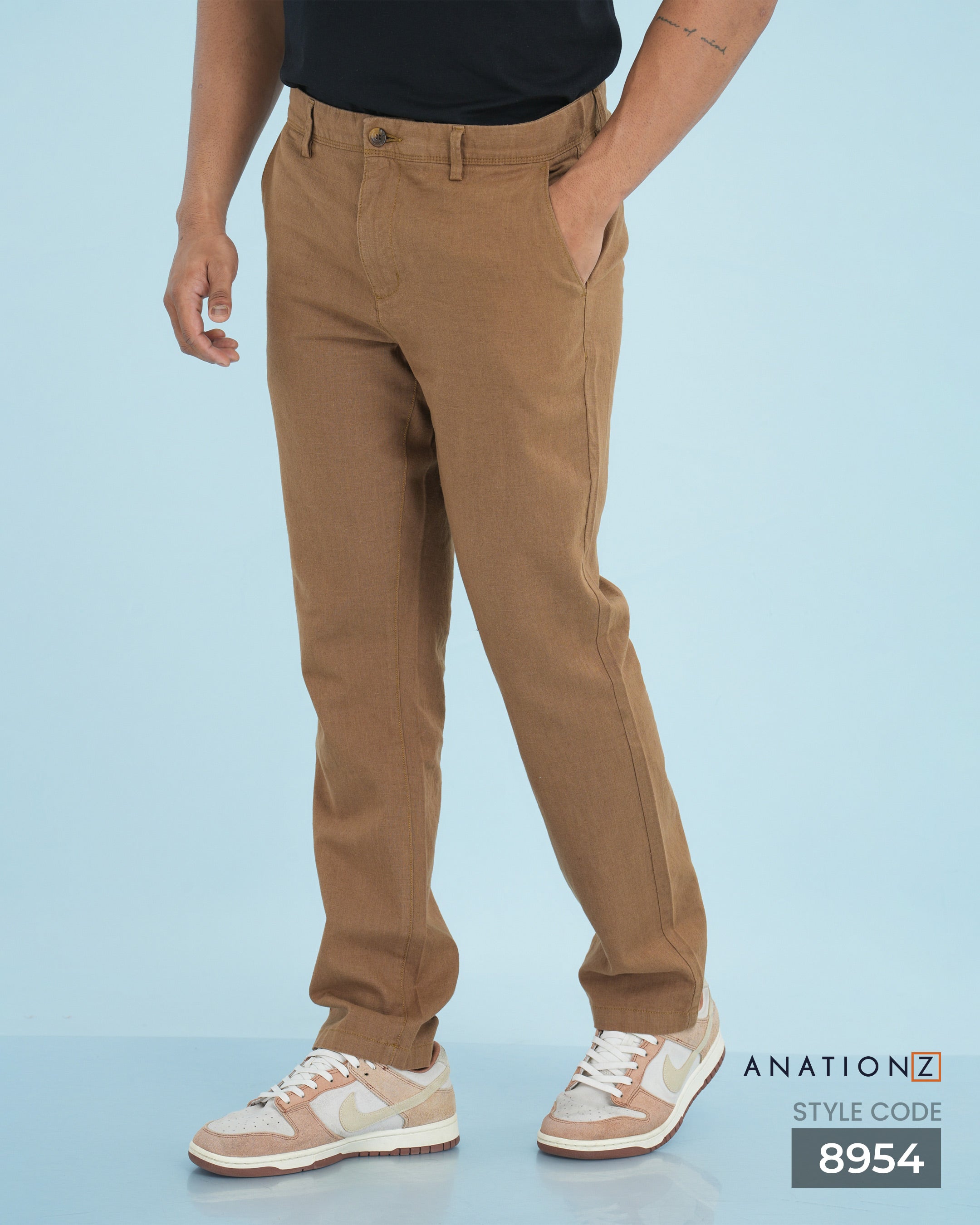 Linen Cotton Slim Pant with Signature Embroidery - Caramel