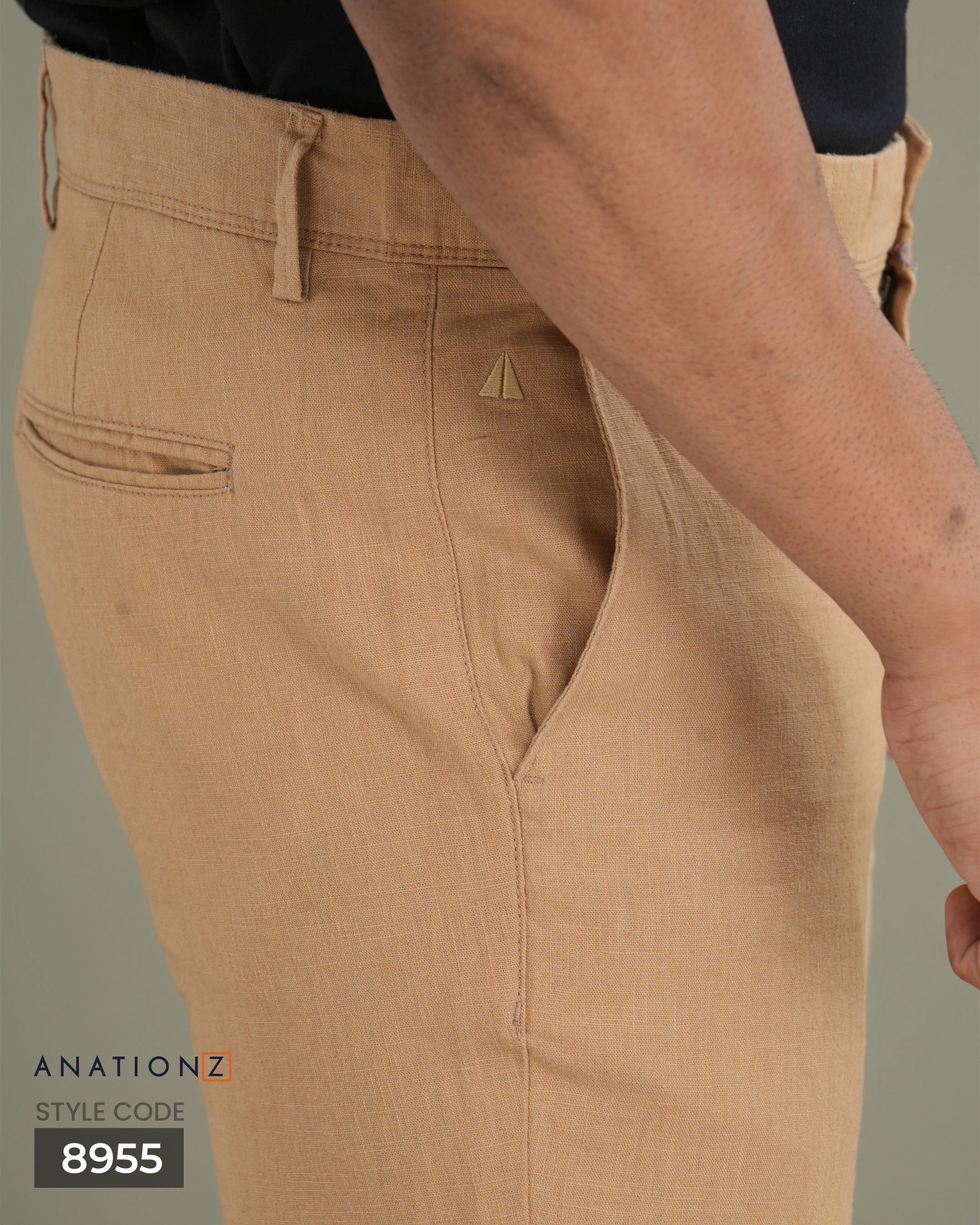 Linen Cotton Slim Pant with Signature Embroidery - Beige