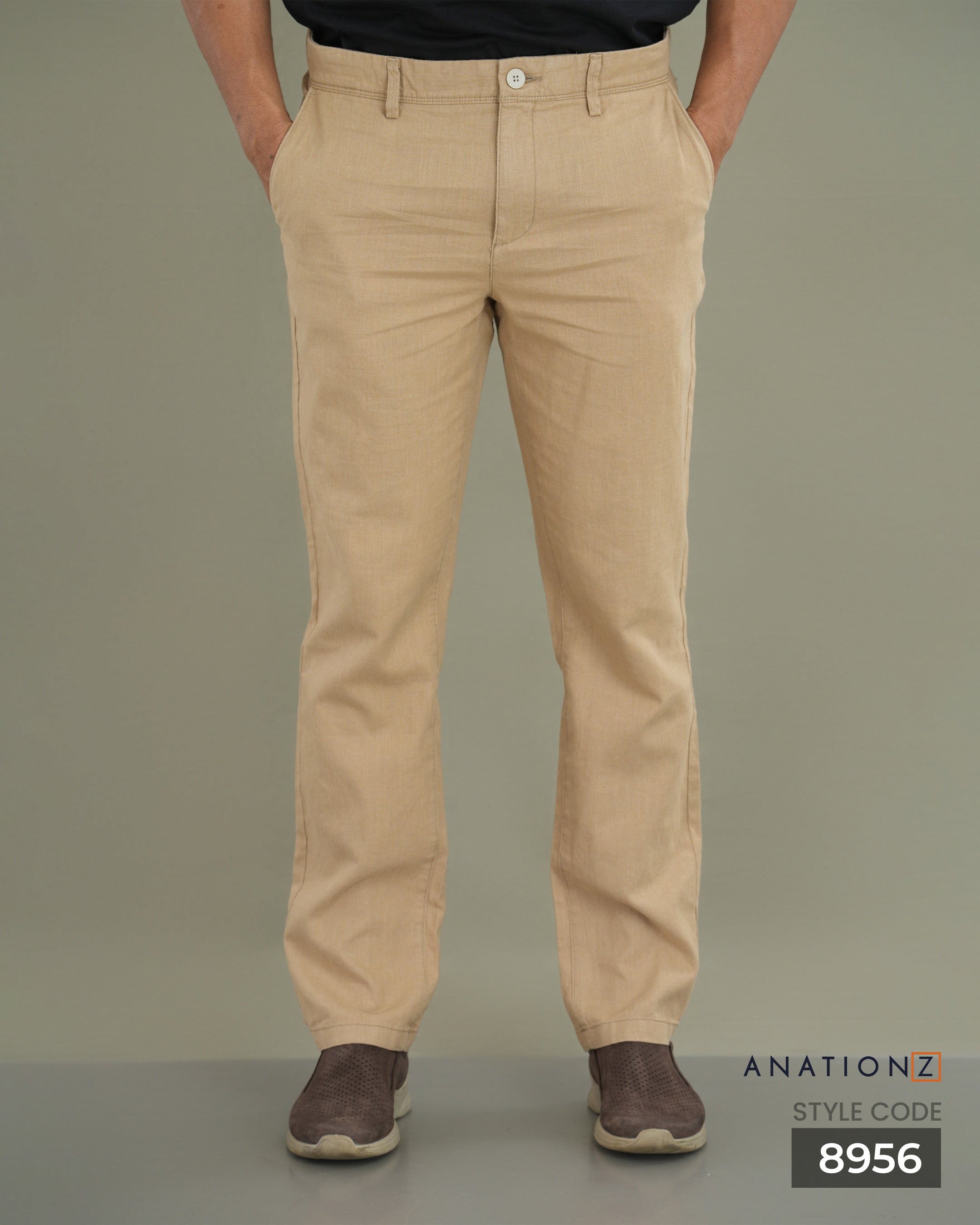 Linen Cotton Slim Pant with Signature Embroidery - Sand