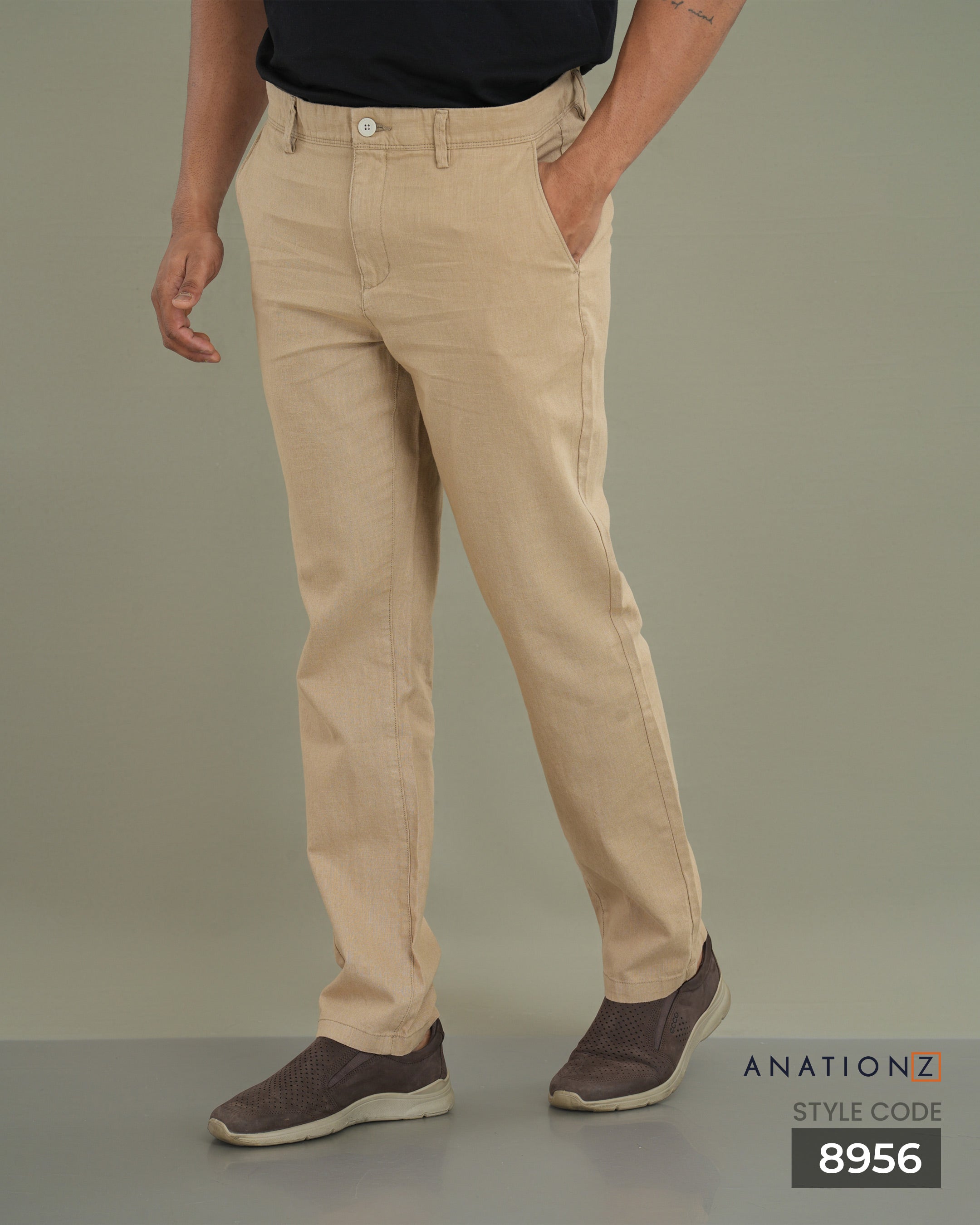 Linen Cotton Slim Pant with Signature Embroidery - Sand