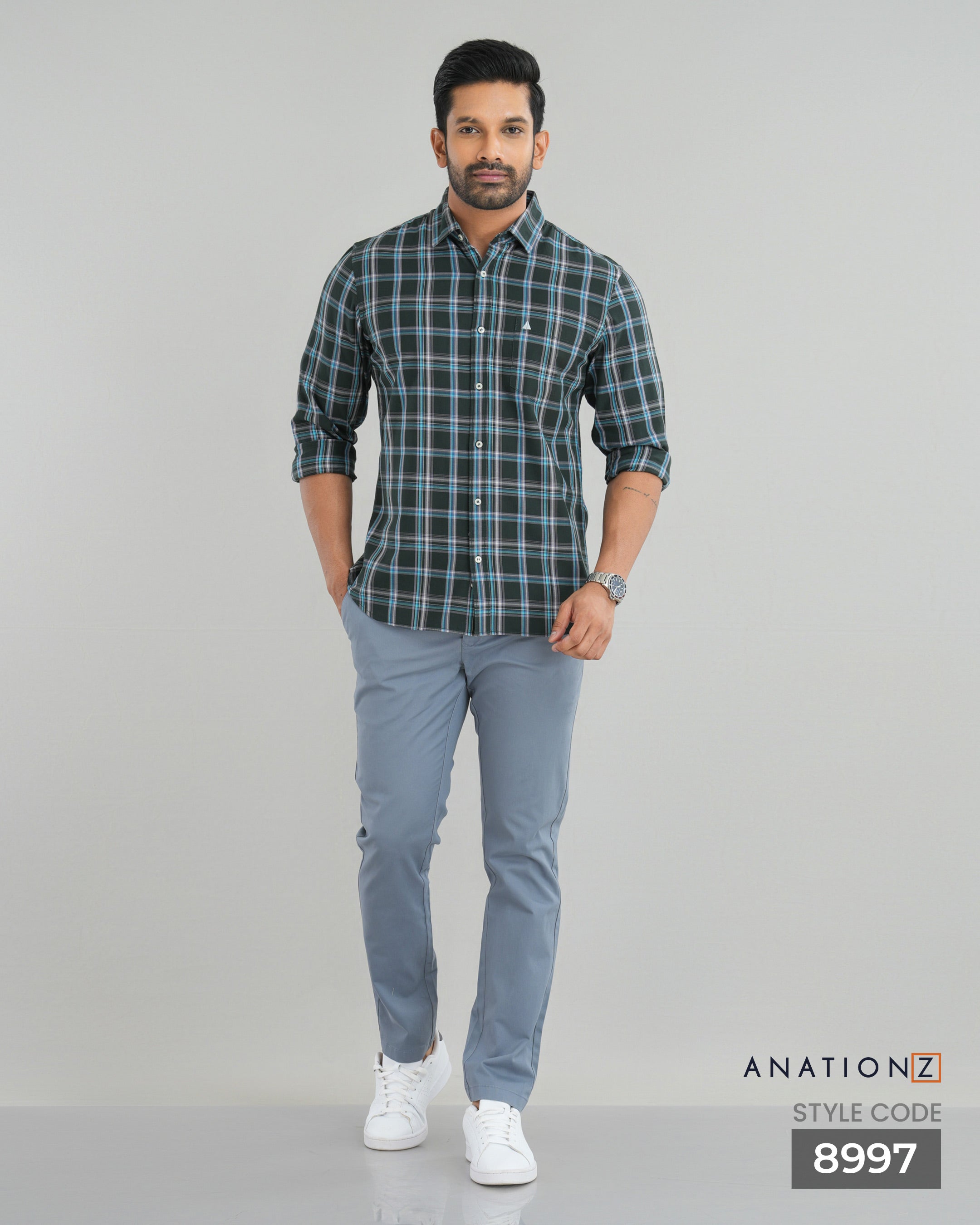 AnationZ Essential Cotton Check Short Sleeve Shirt - Olive Ground Sri Lanka