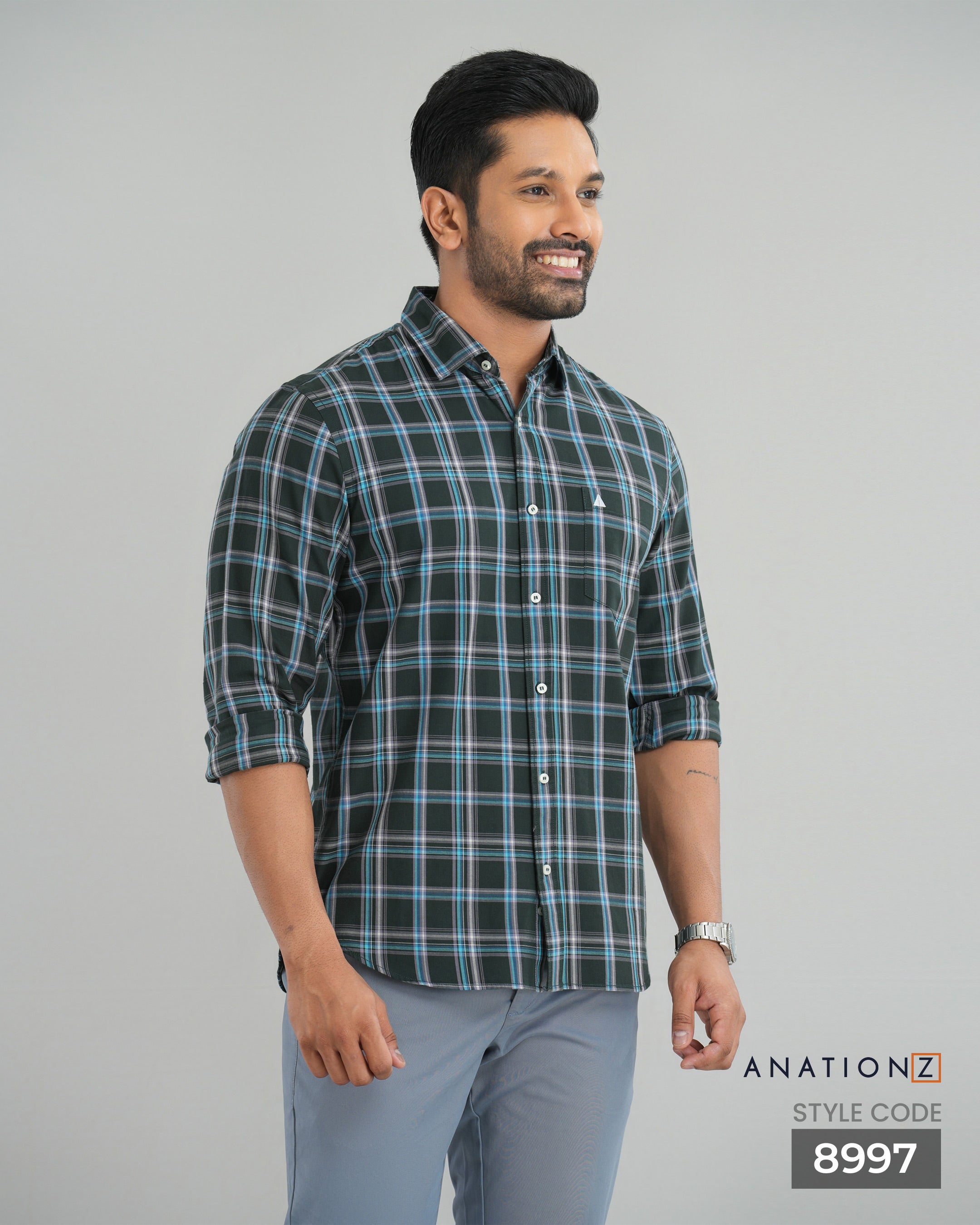 AnationZ Essential Cotton Check Short Sleeve Shirt - Olive Ground Sri Lanka