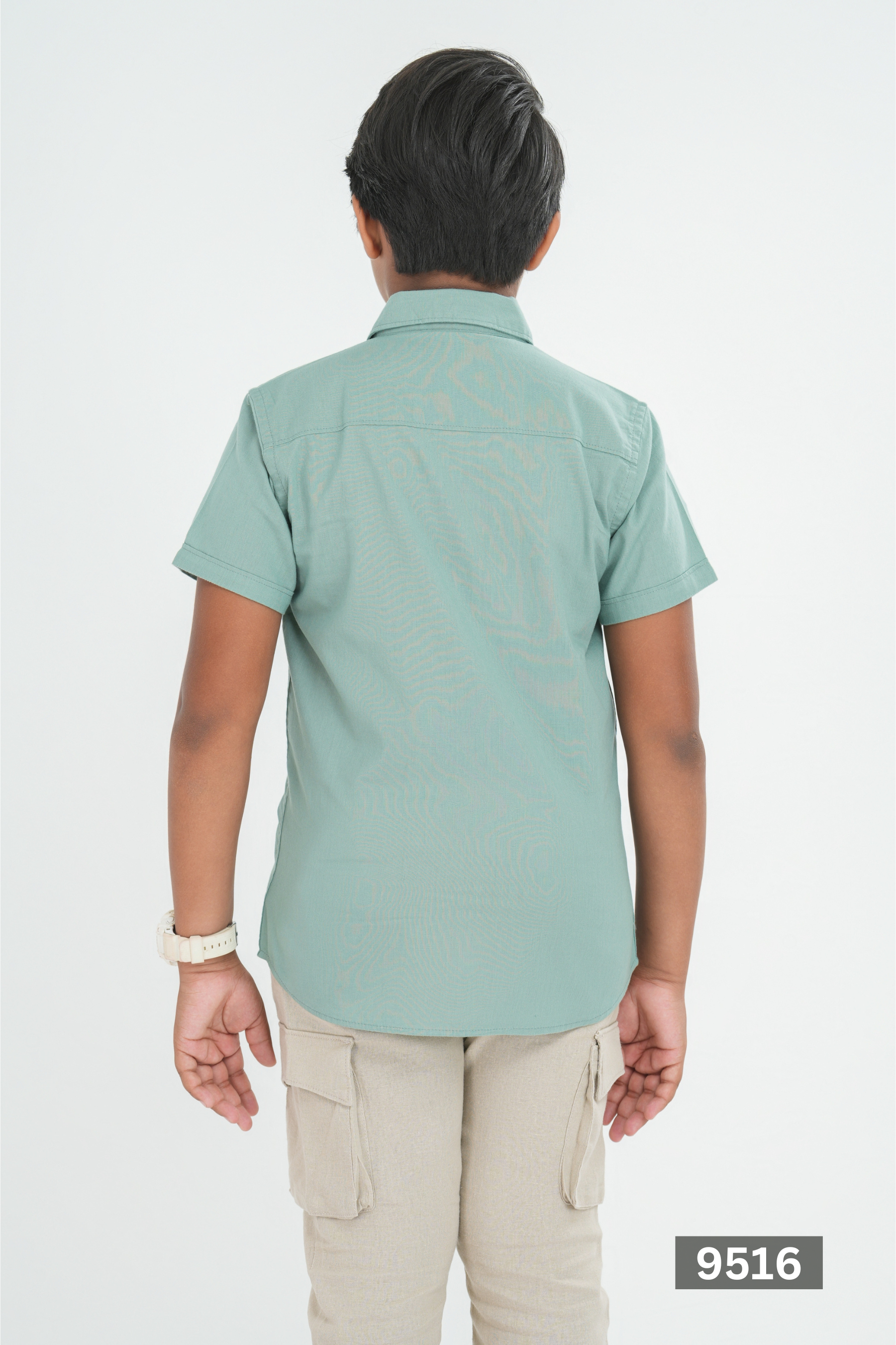 NORMAL COLLAR JUNIOR LINEN COTTON SHORT SLEEVE SHIRT - MOSS GREEN