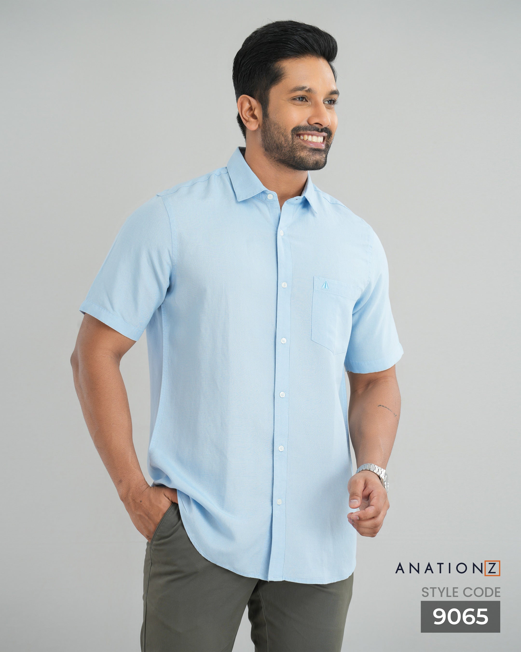 Viscose Linen Short Sleeve Shirt - Sky Blue