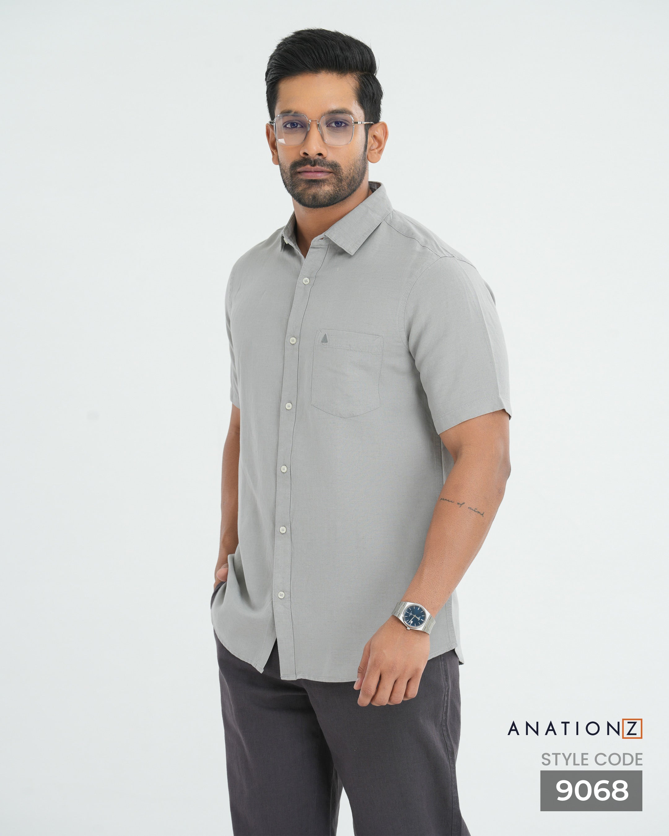 Viscose Linen Short Sleeve Shirt - Grey