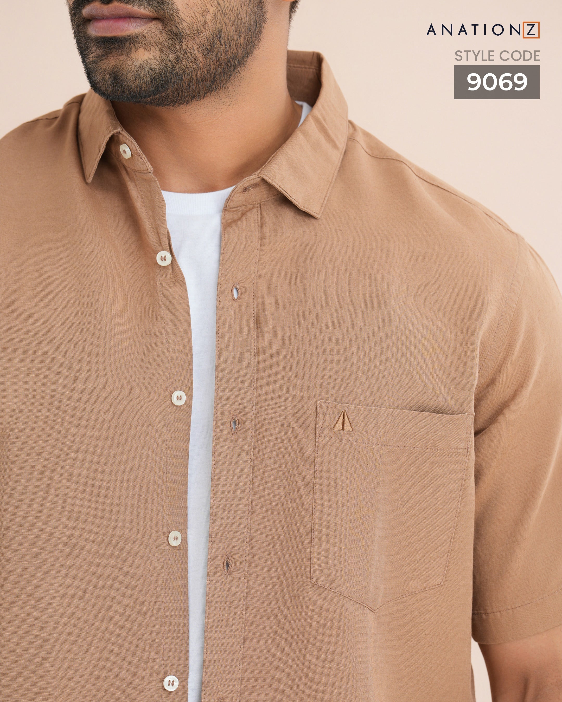 Viscose Linen Short Sleeve Shirt - Caramel