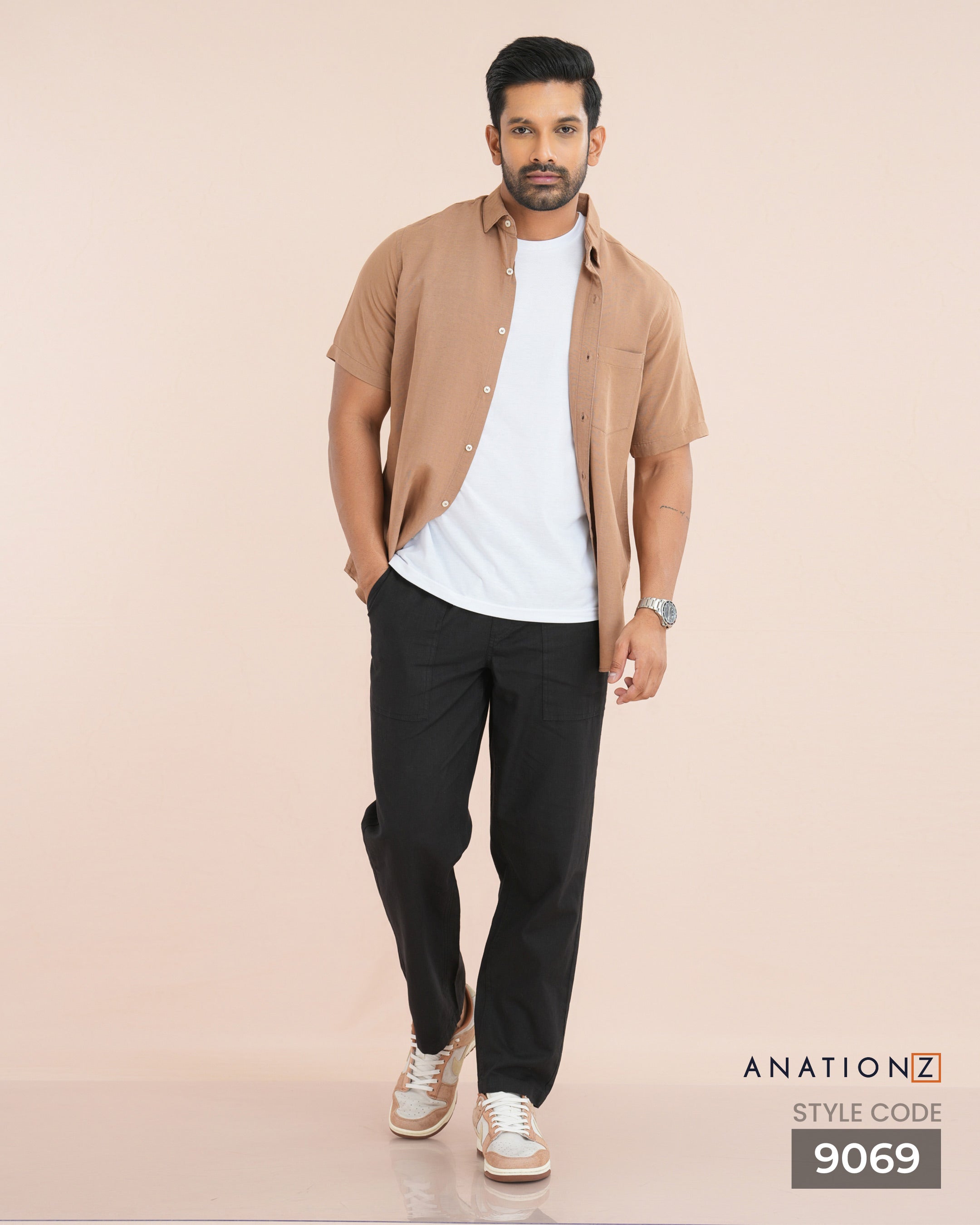 Viscose Linen Short Sleeve Shirt - Caramel
