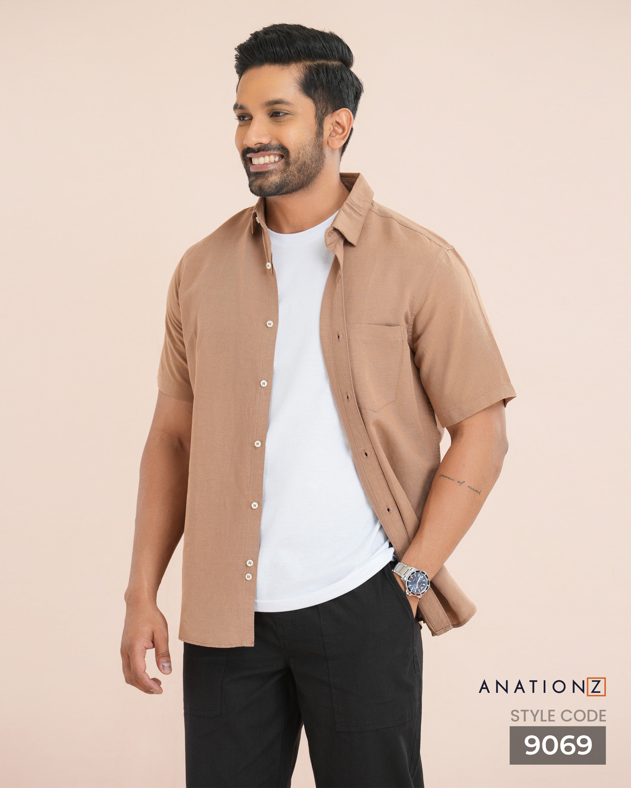 Viscose Linen Short Sleeve Shirt - Caramel