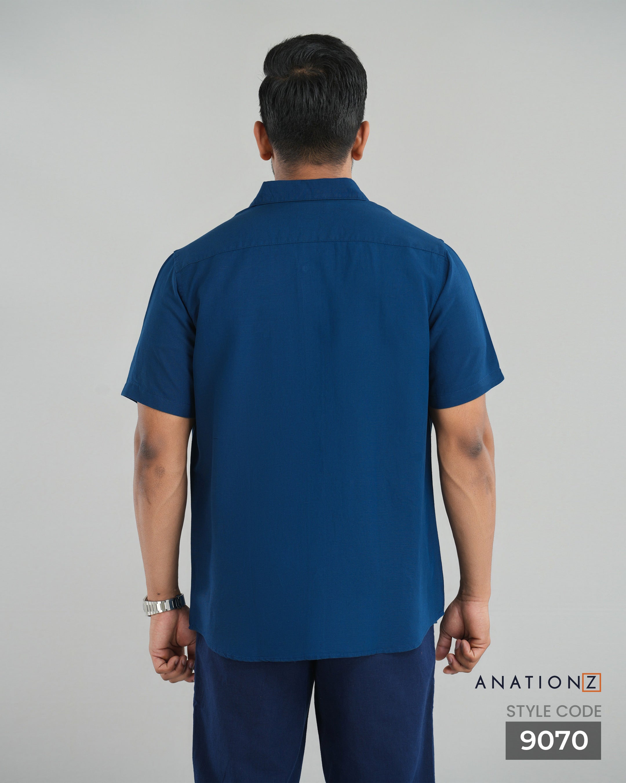 Viscose Linen Short Sleeve Shirt - Navy Blue