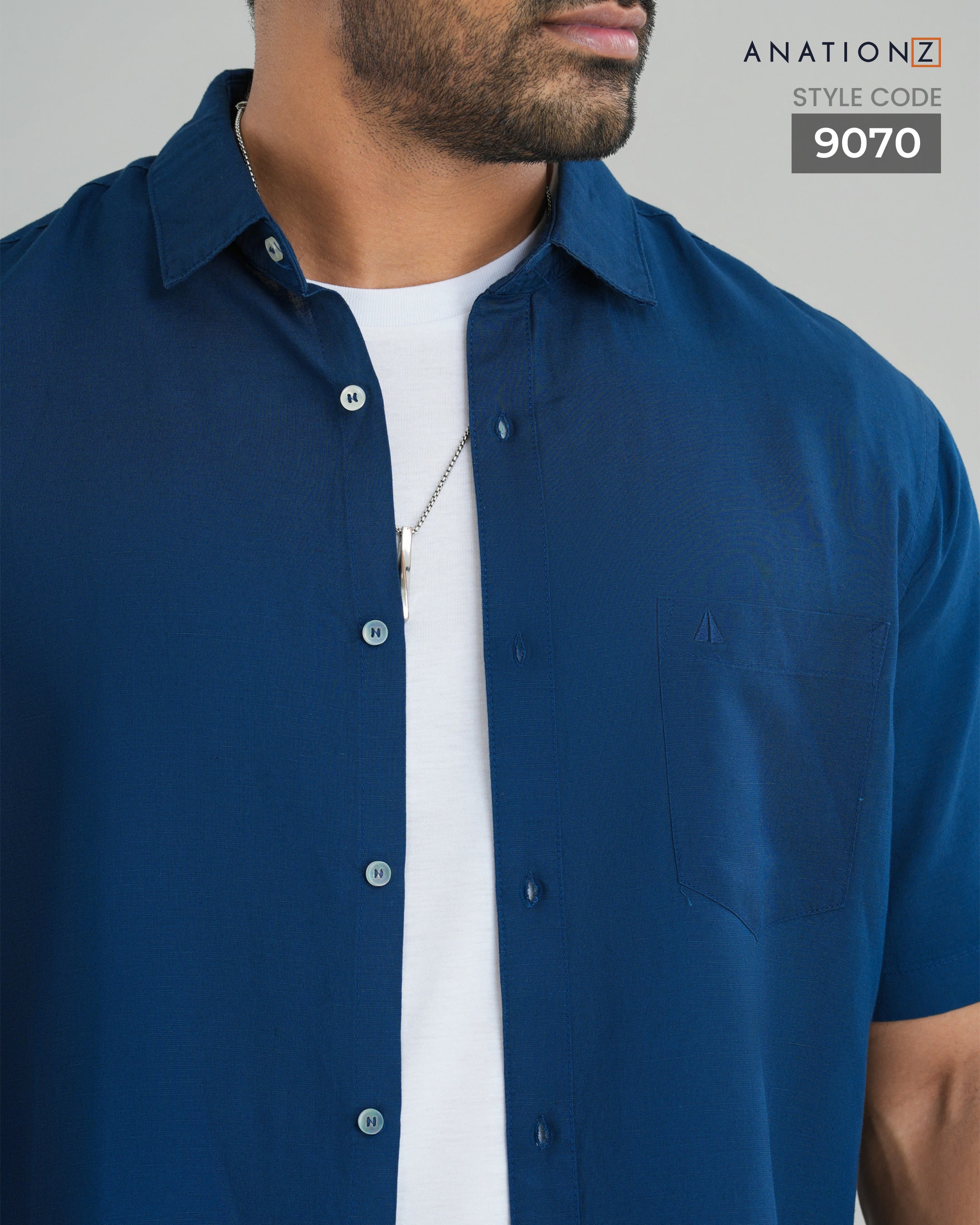 Viscose Linen Short Sleeve Shirt - Navy Blue