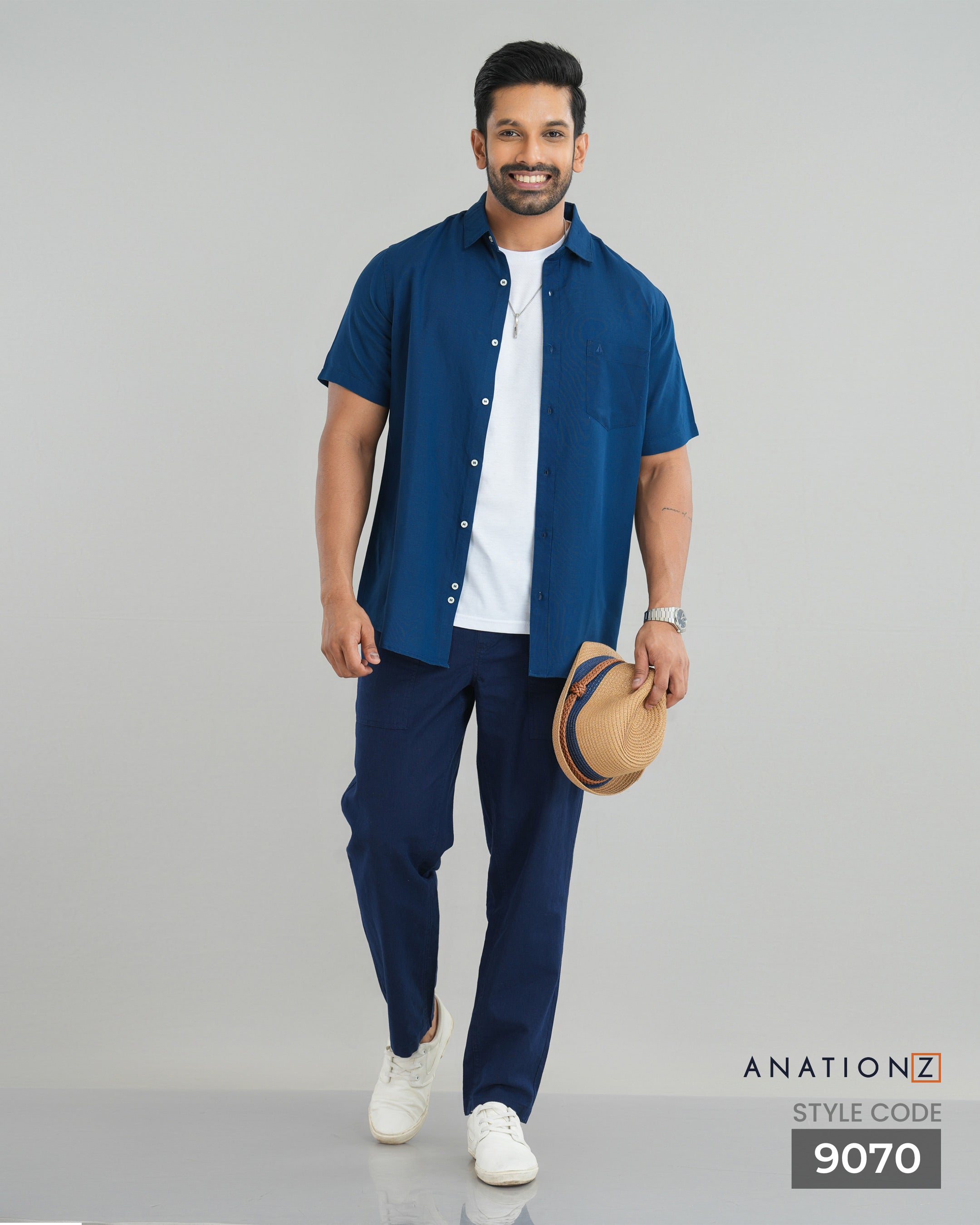 Viscose Linen Short Sleeve Shirt - Navy Blue