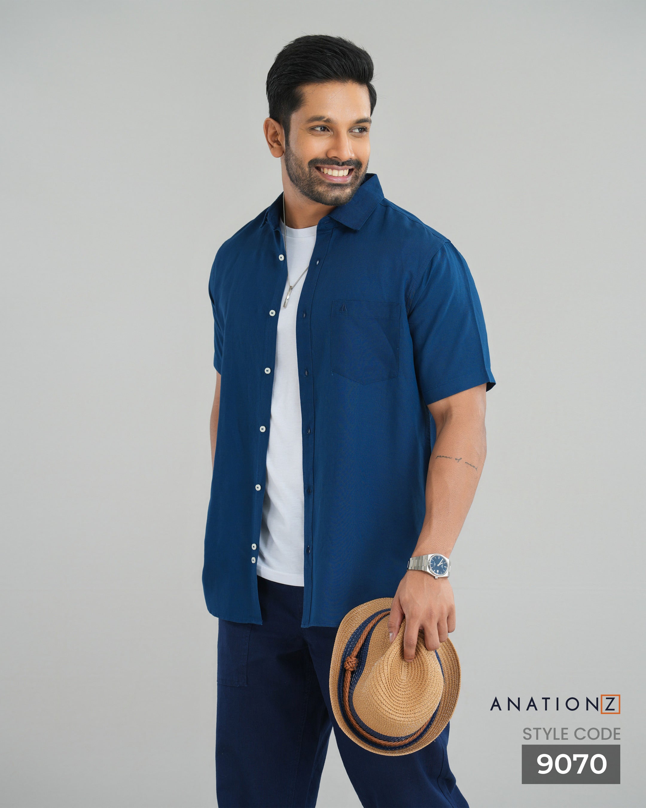 Viscose Linen Short Sleeve Shirt - Navy Blue