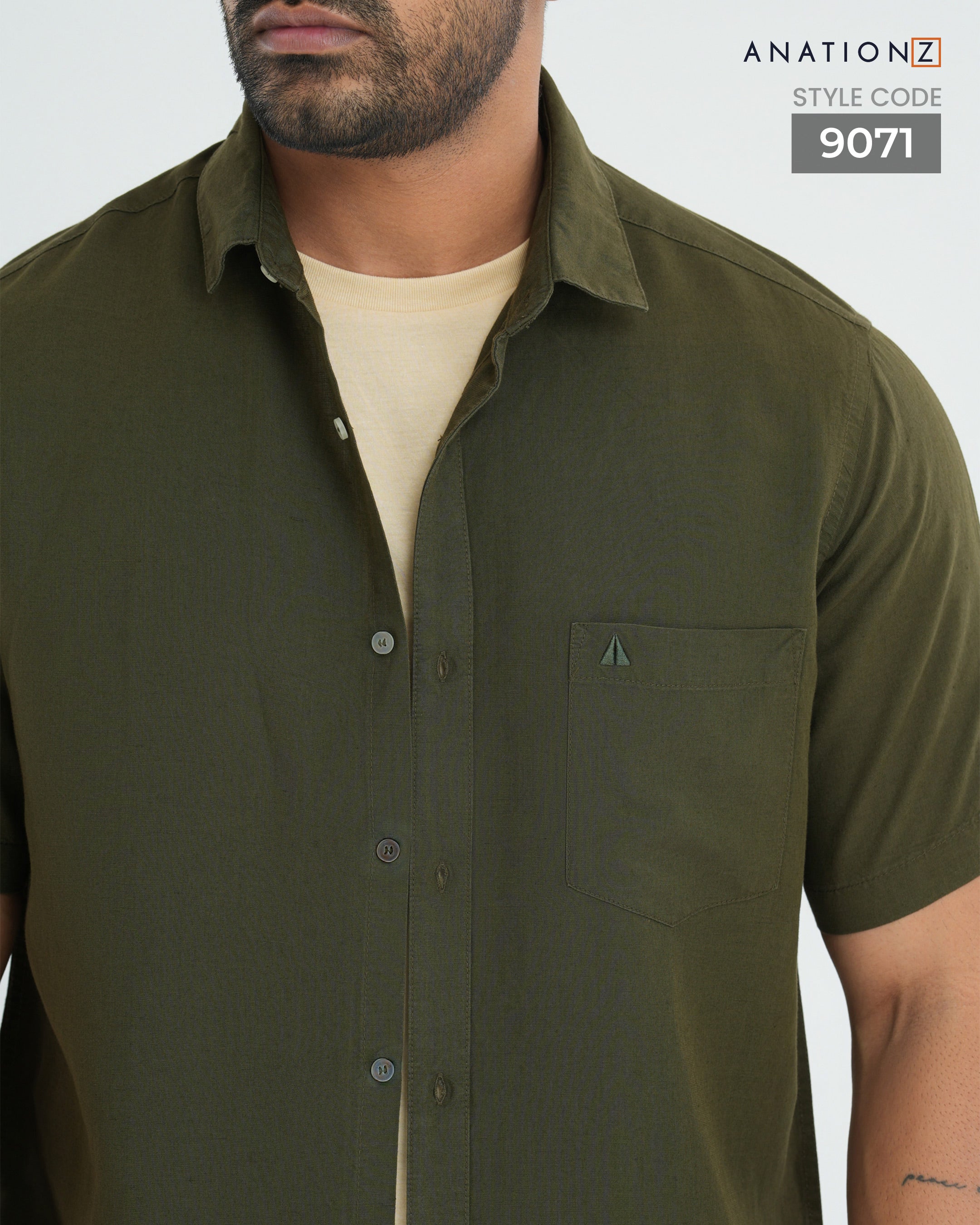 Viscose Linen Short Sleeve Shirt - Olive