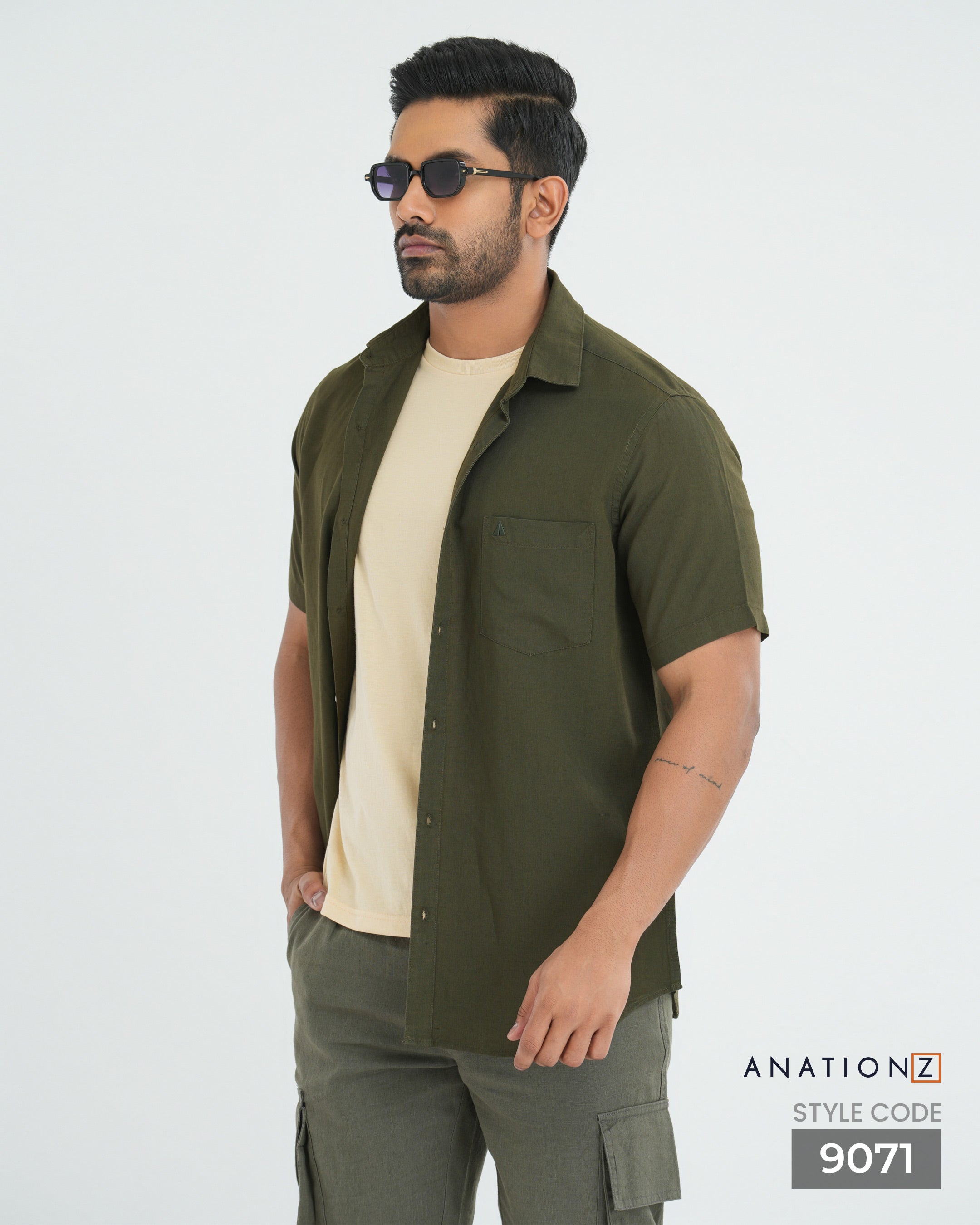 Viscose Linen Short Sleeve Shirt - Olive