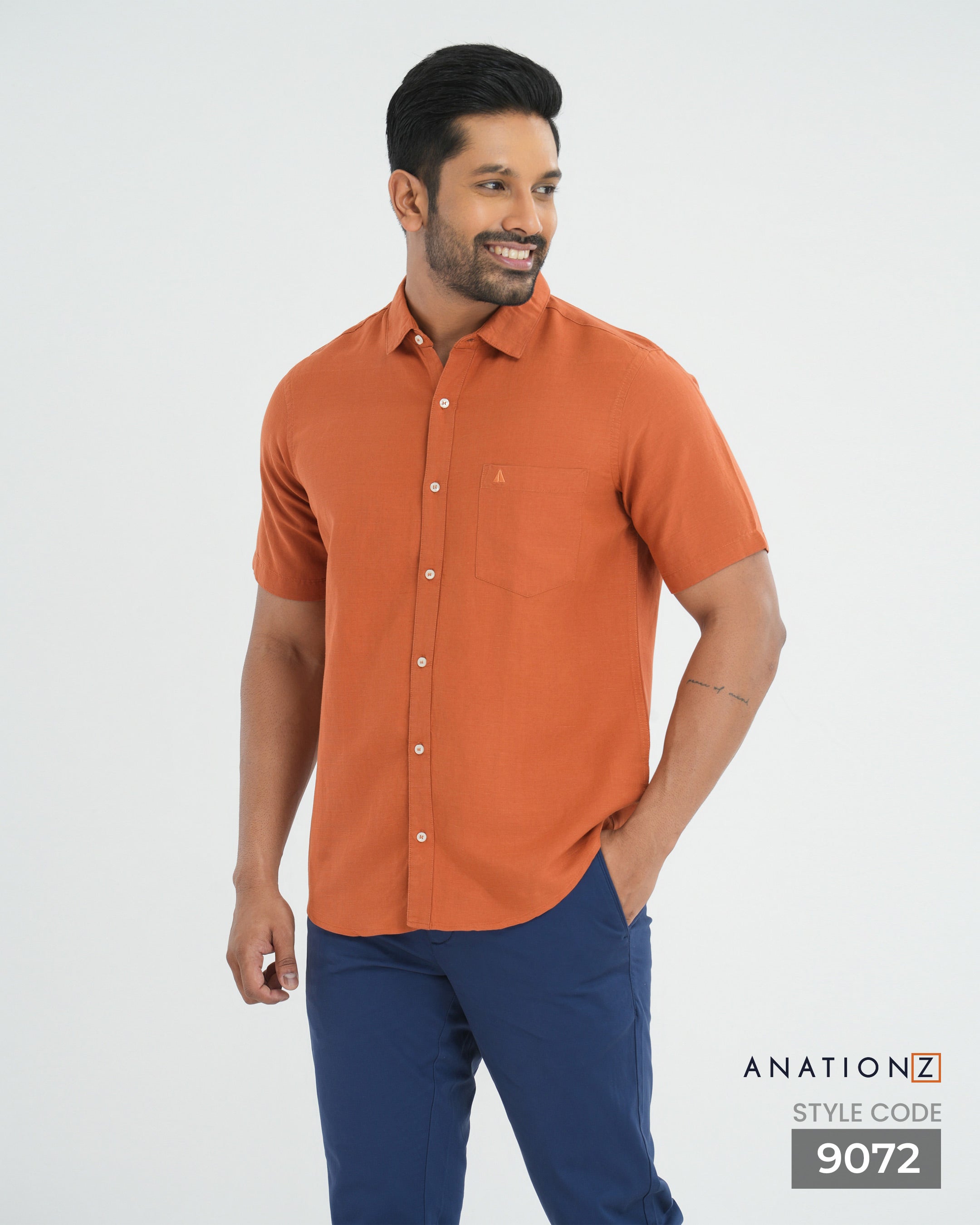 Viscose Linen Short Sleeve Shirt - Orange