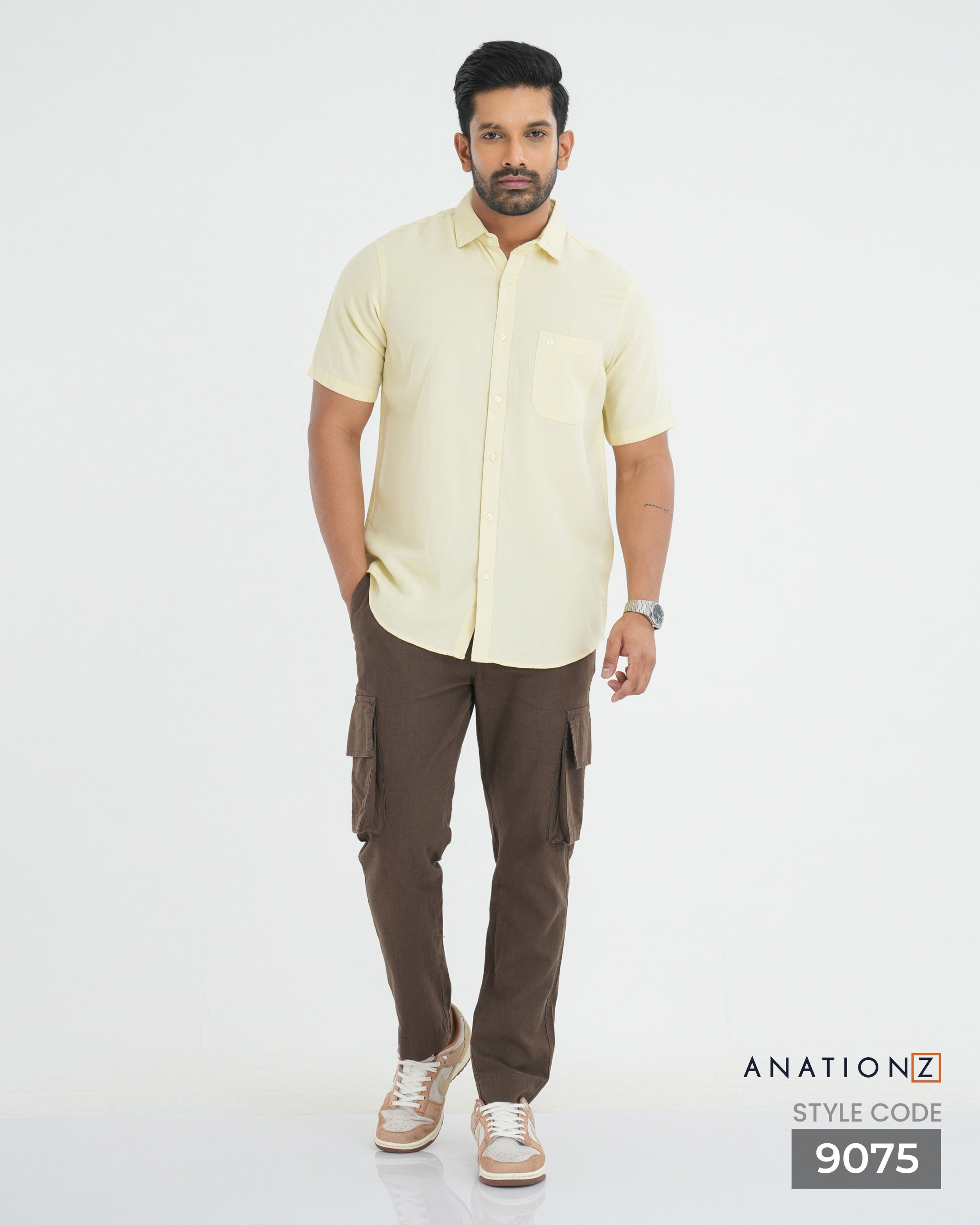 Viscose Linen Shirt with Curved Pocket - Beige