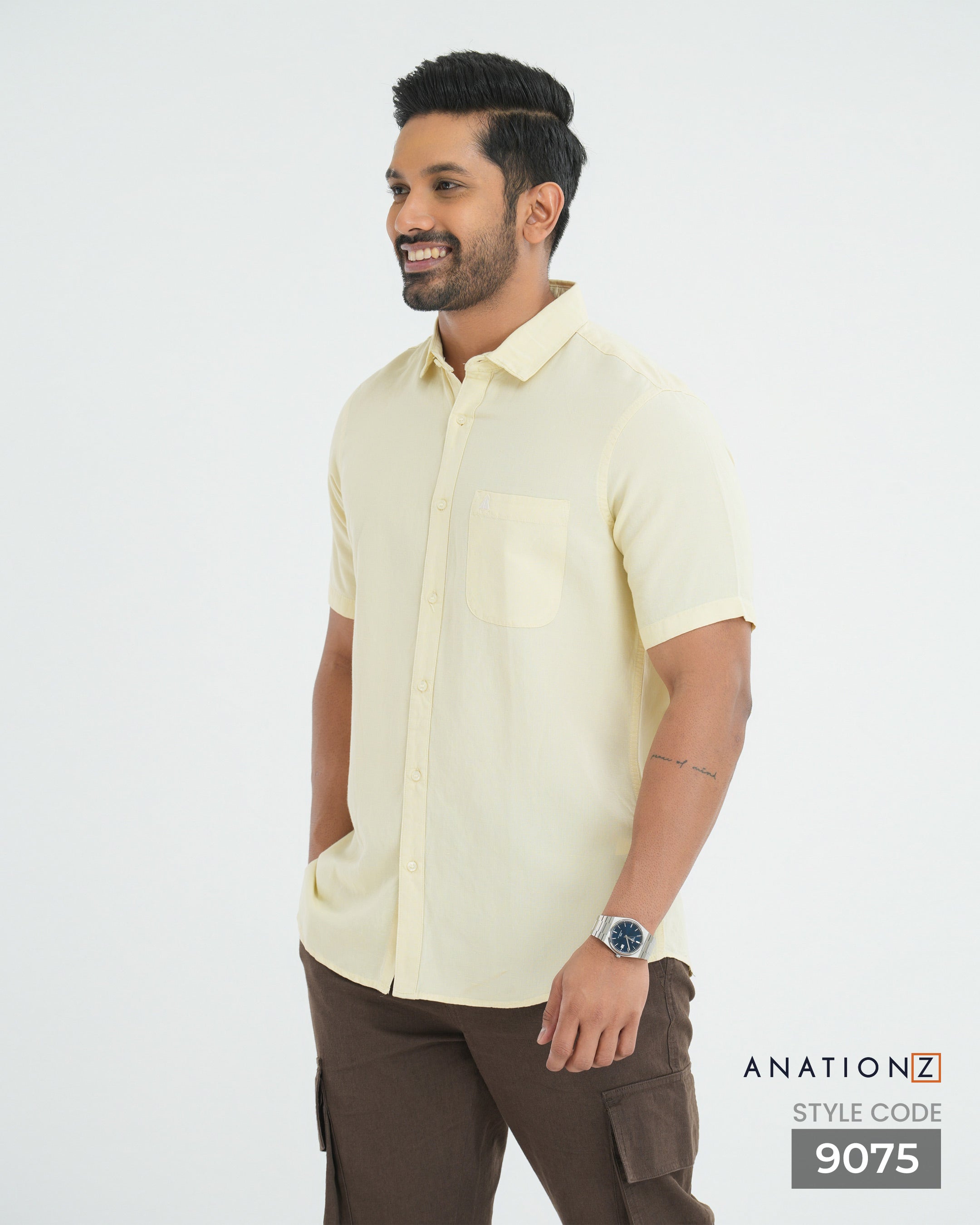 Viscose Linen Shirt with Curved Pocket - Beige