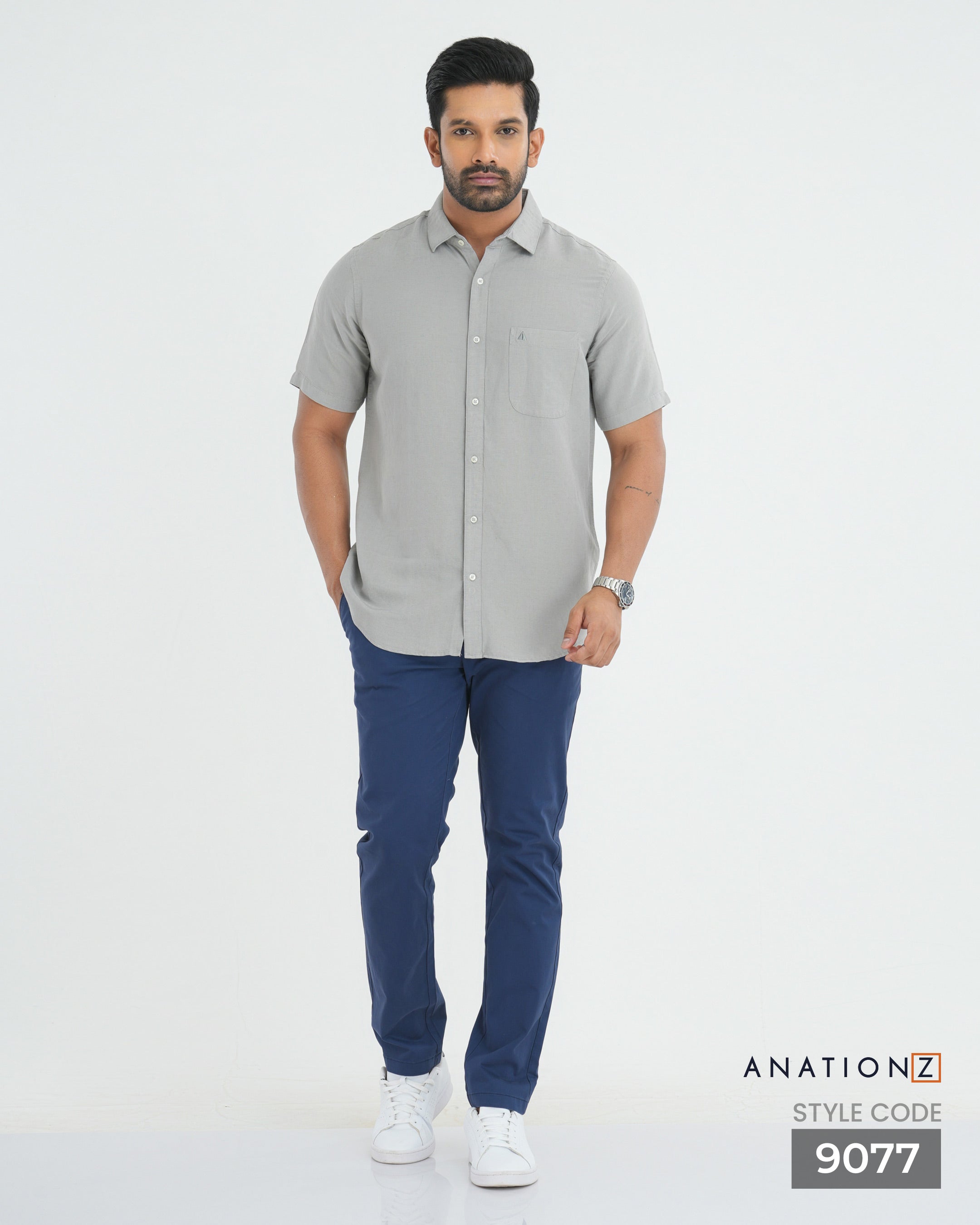 Viscose Linen Shirt with Curved Pocket - Grey