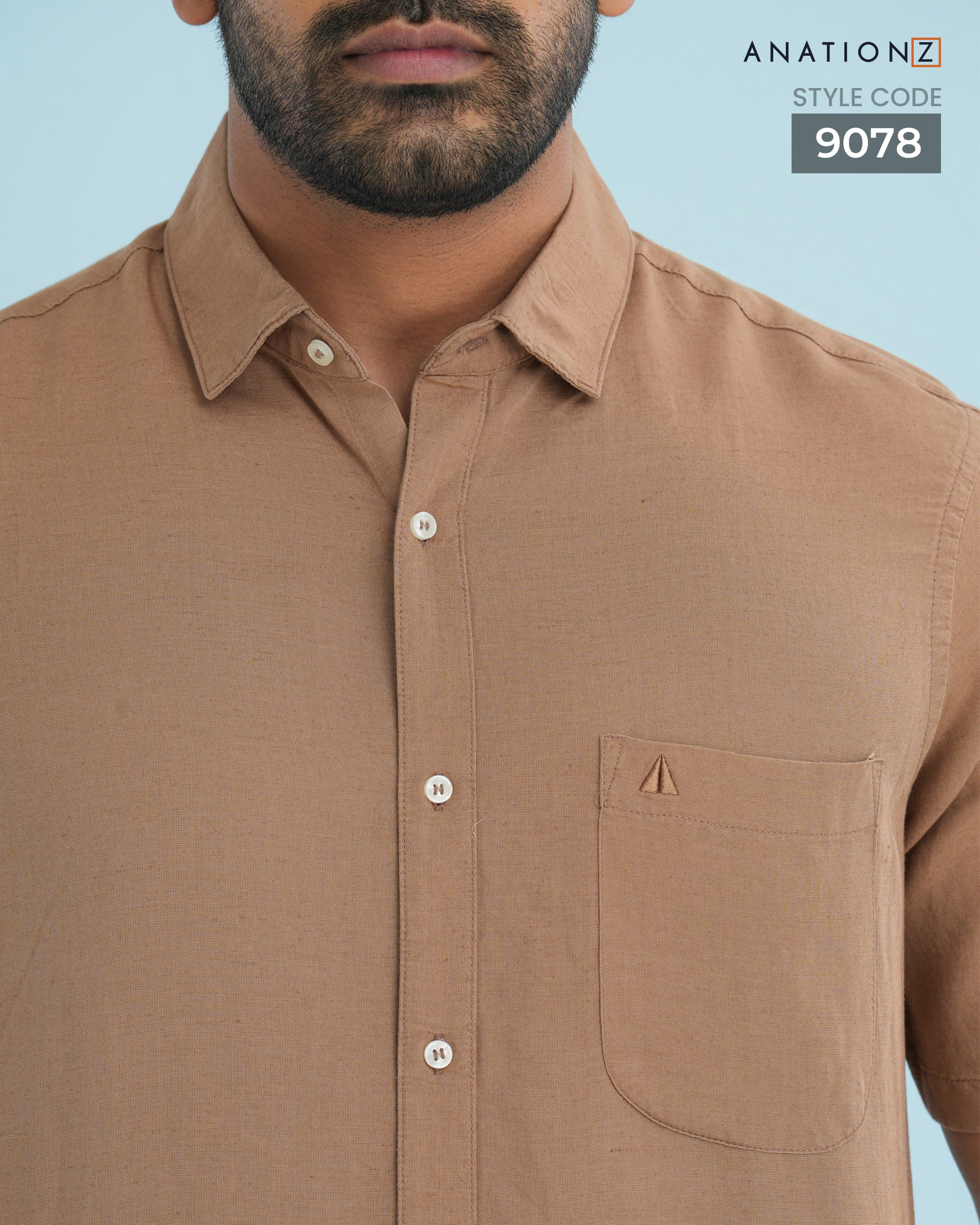 Viscose Linen Shirt with Curved Pocket - Caramel