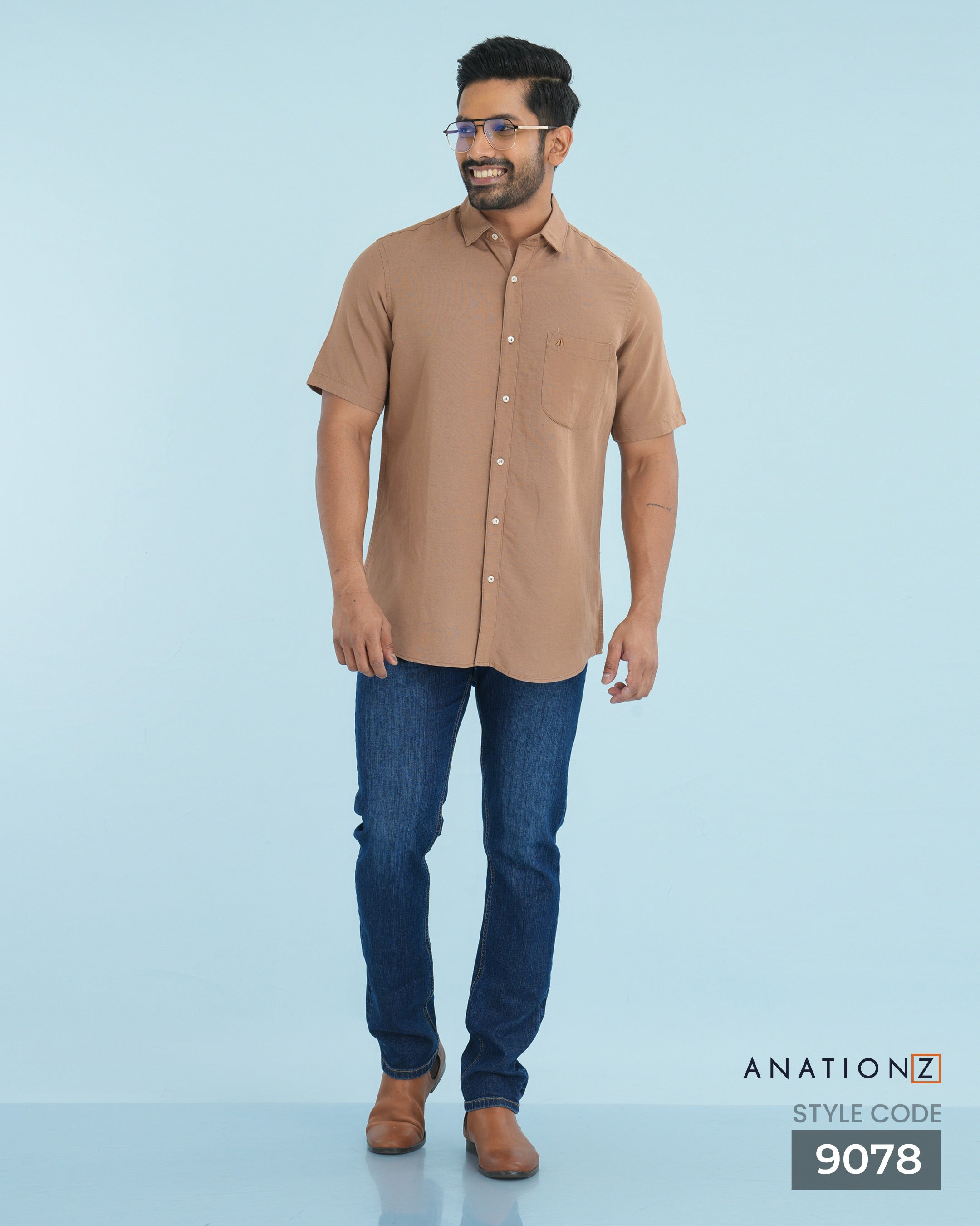 Viscose Linen Shirt with Curved Pocket - Caramel
