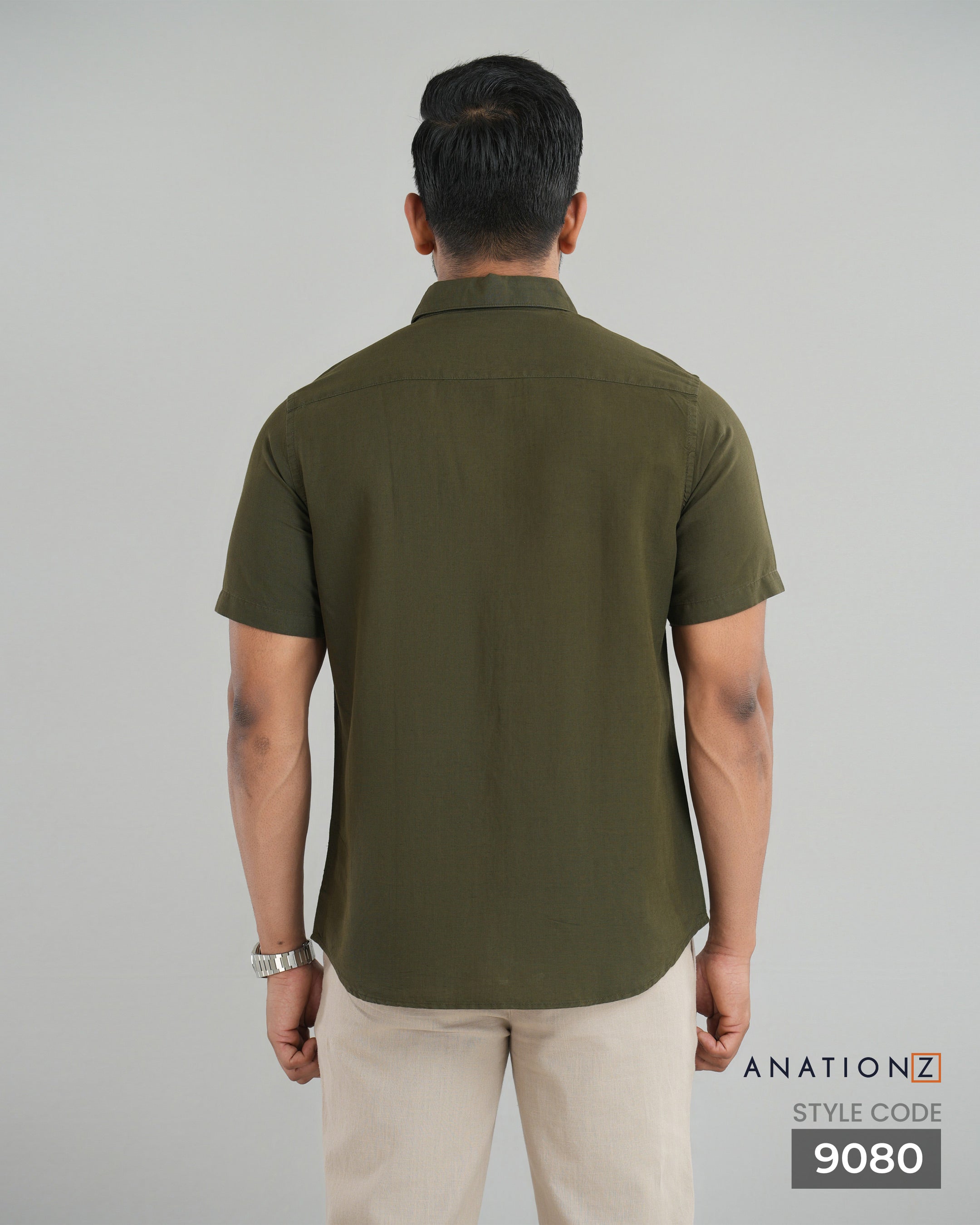 AnationZ Fluid Linen Short Sleeve Shirt - Olive Ground Sri Lanka