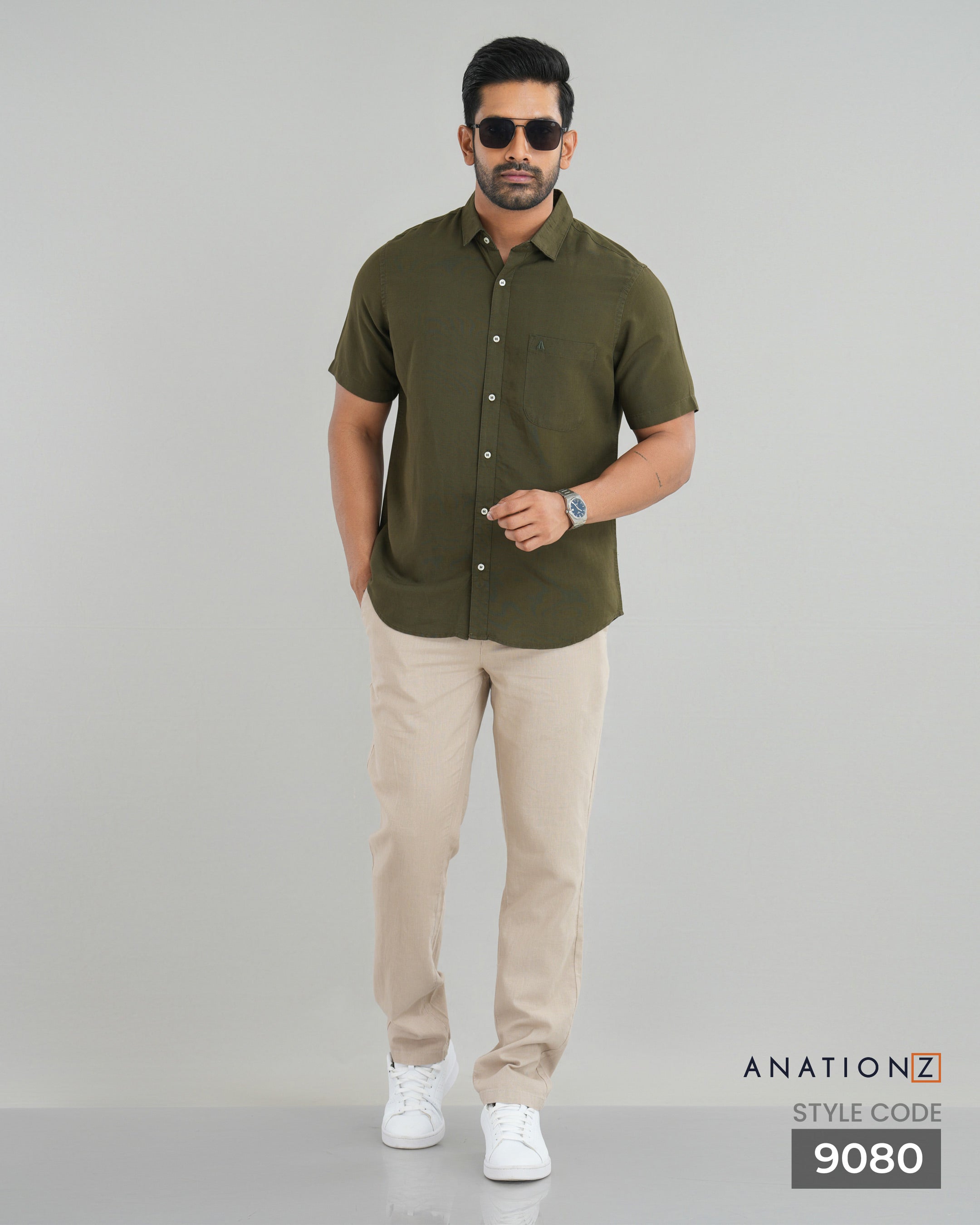 AnationZ Fluid Linen Short Sleeve Shirt - Olive Ground Sri Lanka