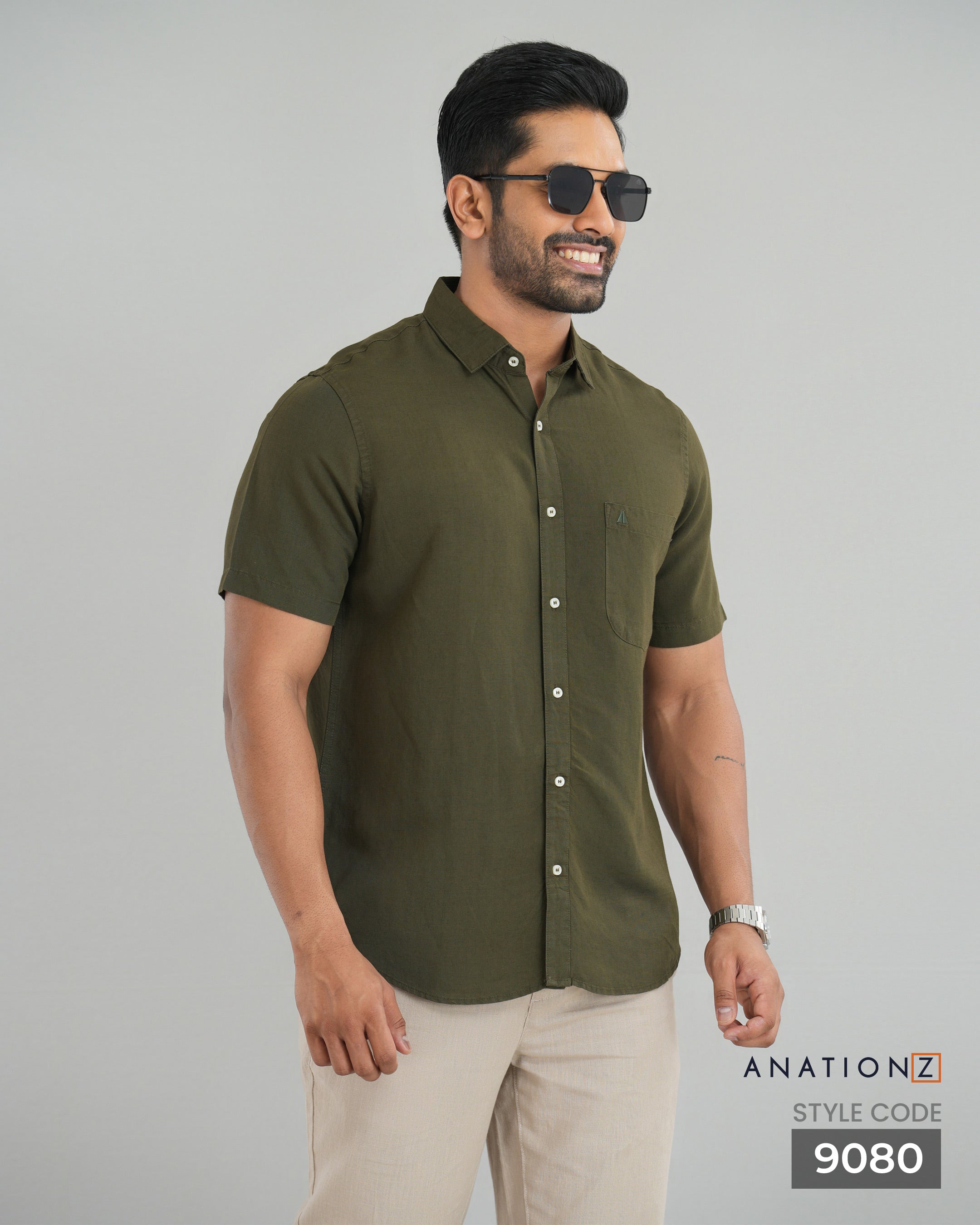 AnationZ Fluid Linen Short Sleeve Shirt - Olive Ground Sri Lanka