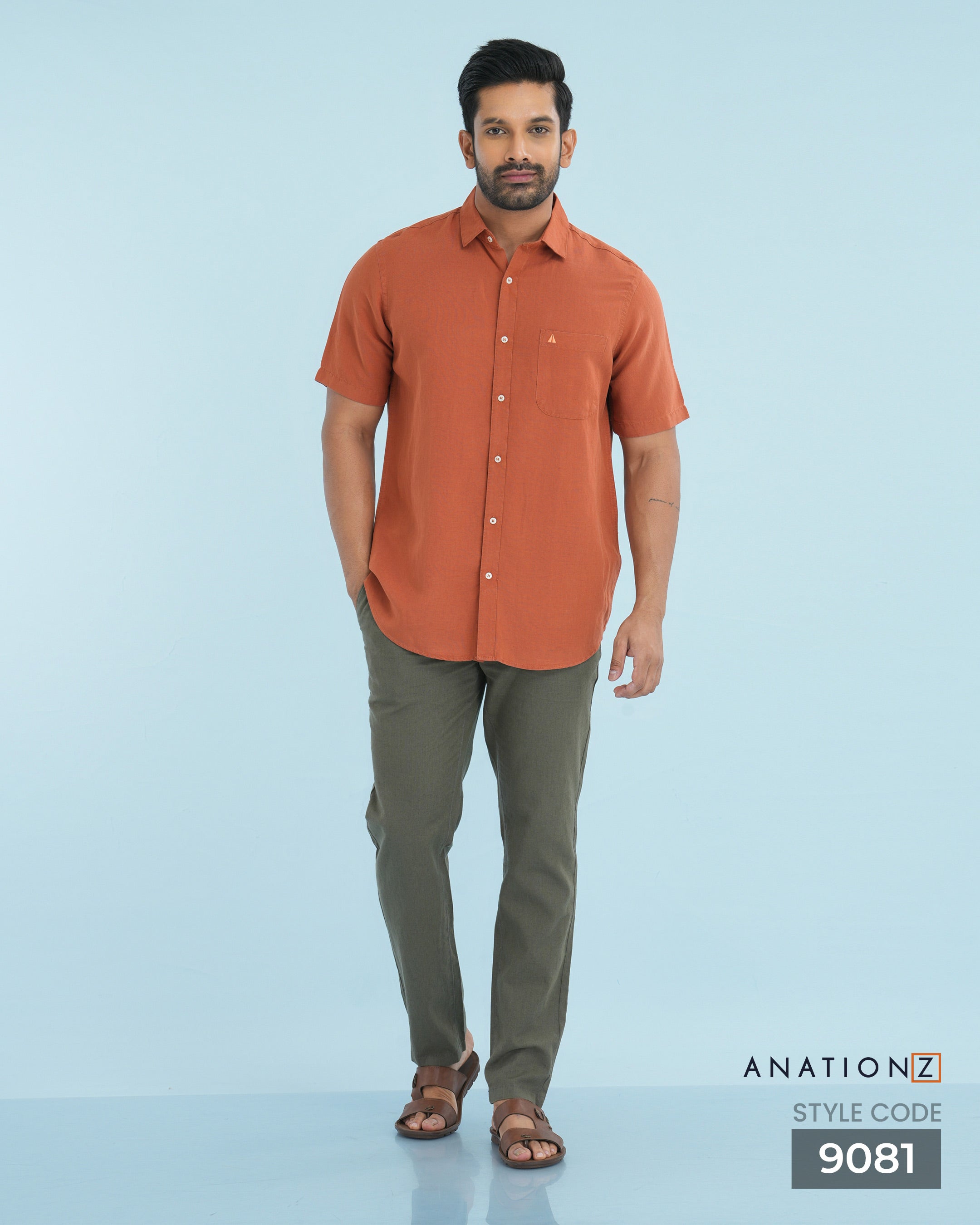 Viscose Linen Shirt with Curved Pocket - Burnt Orange