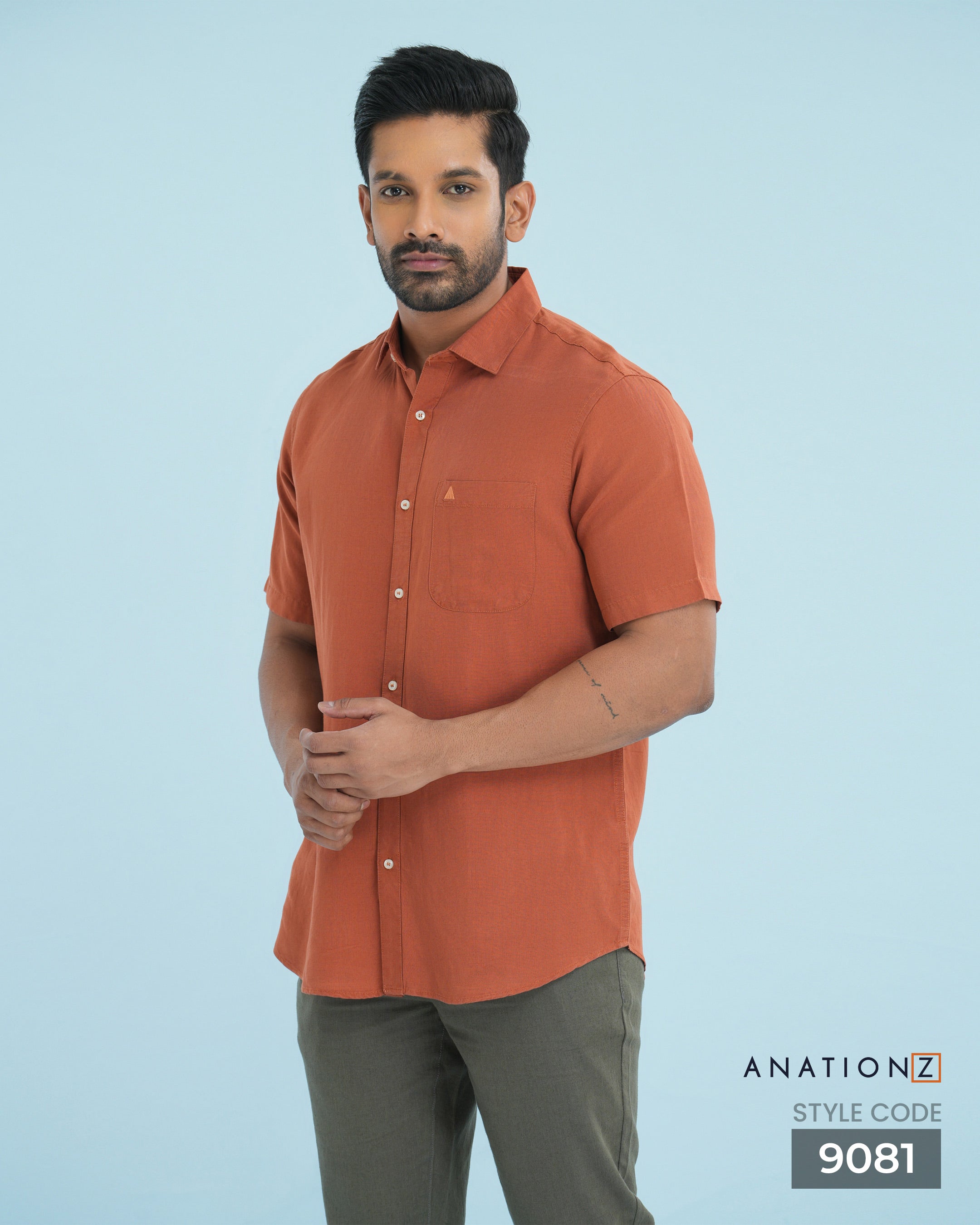 Viscose Linen Shirt with Curved Pocket - Burnt Orange