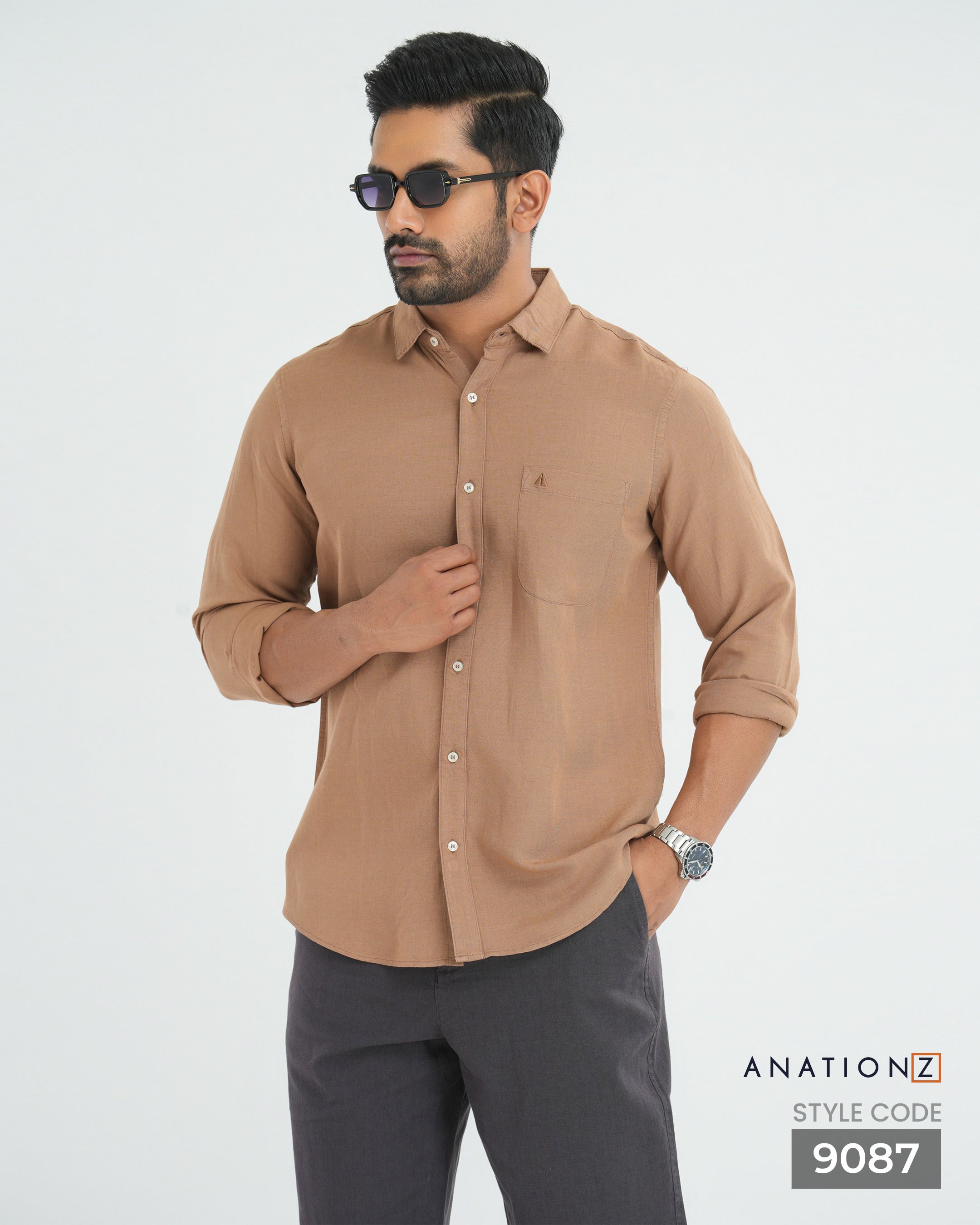 Viscose Linen Long Sleeve Shirt - Caramel