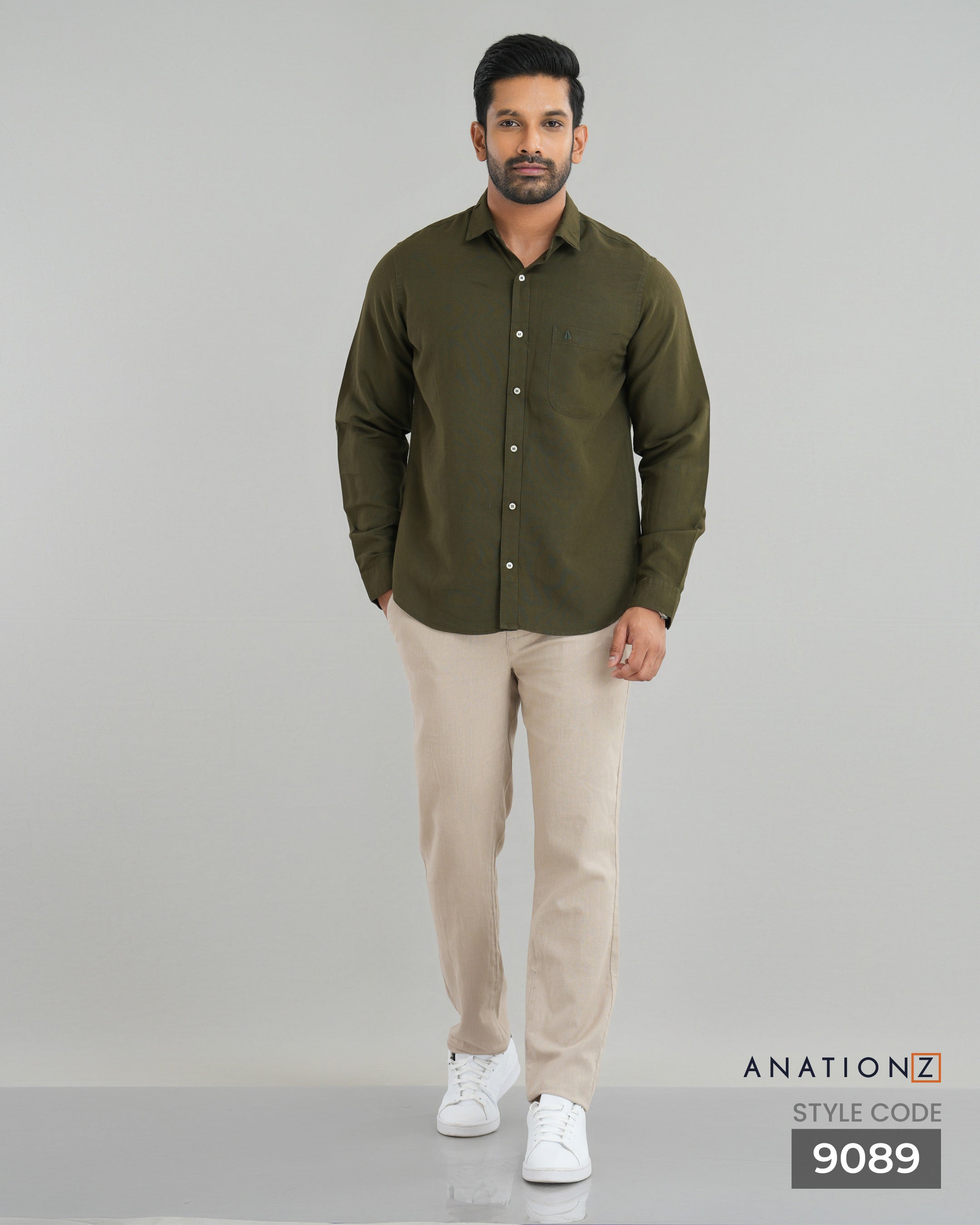 Viscose Linen Long Sleeve Shirt - Olive