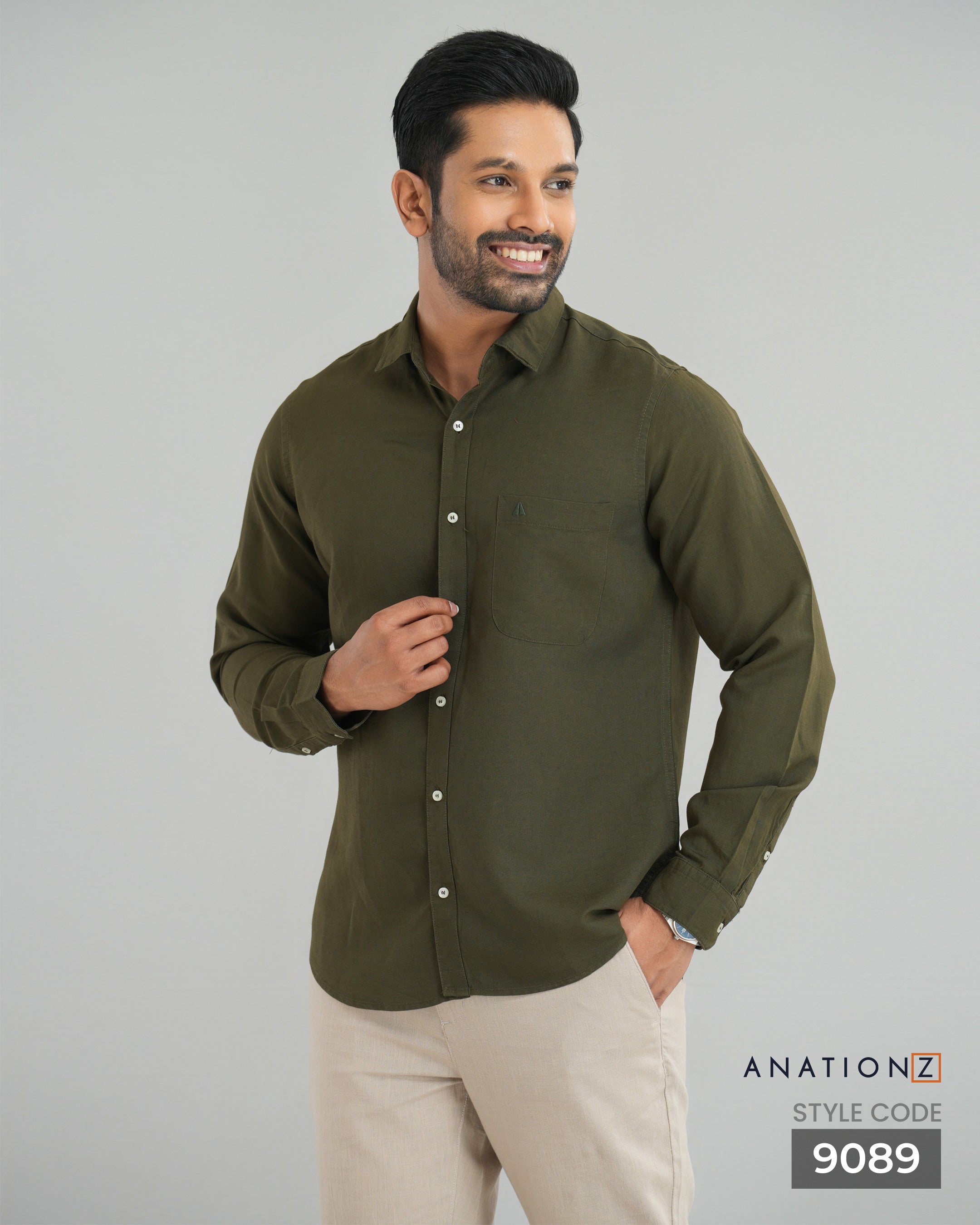 Viscose Linen Long Sleeve Shirt - Olive