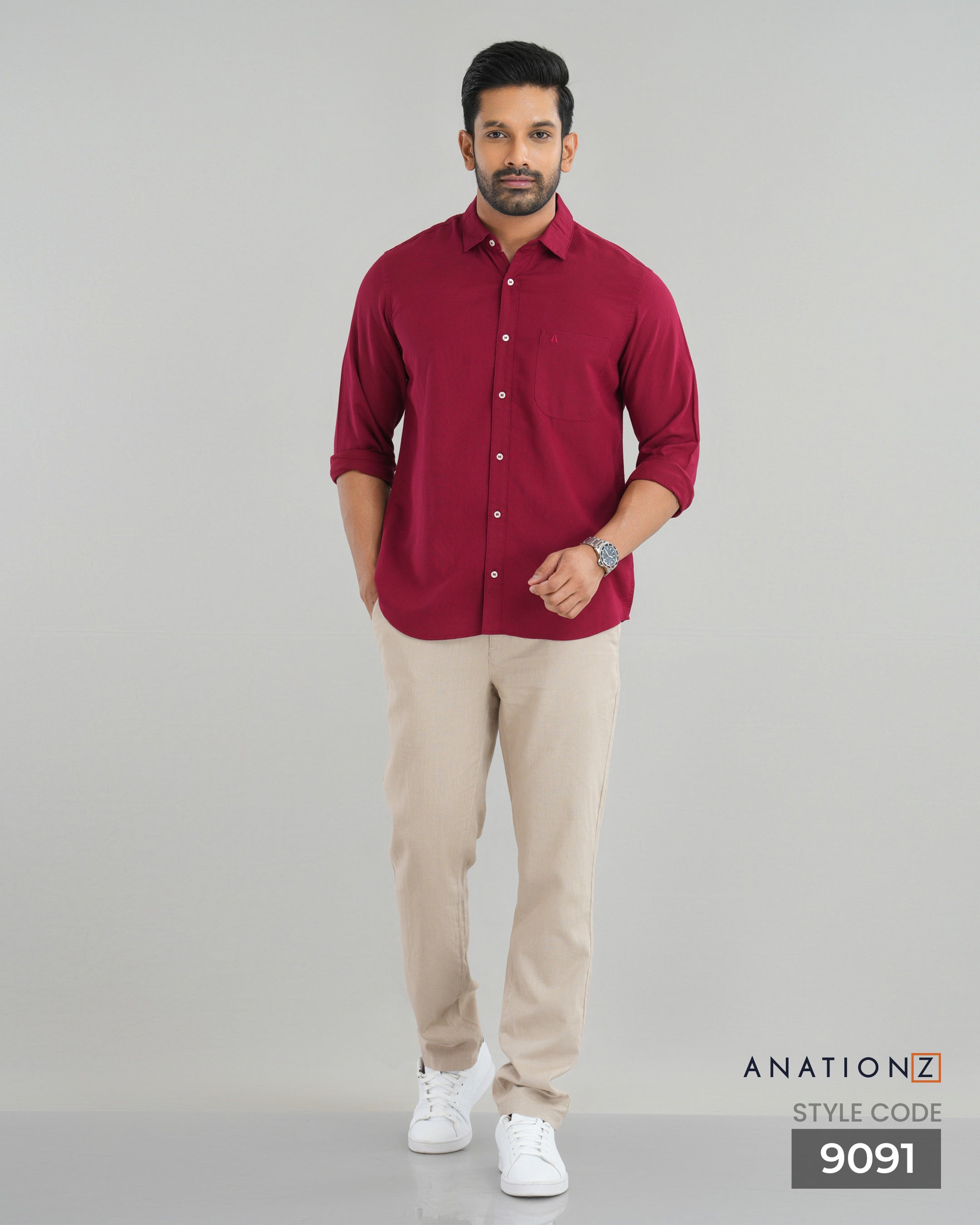 Viscose Linen Long Sleeve Shirt - Red