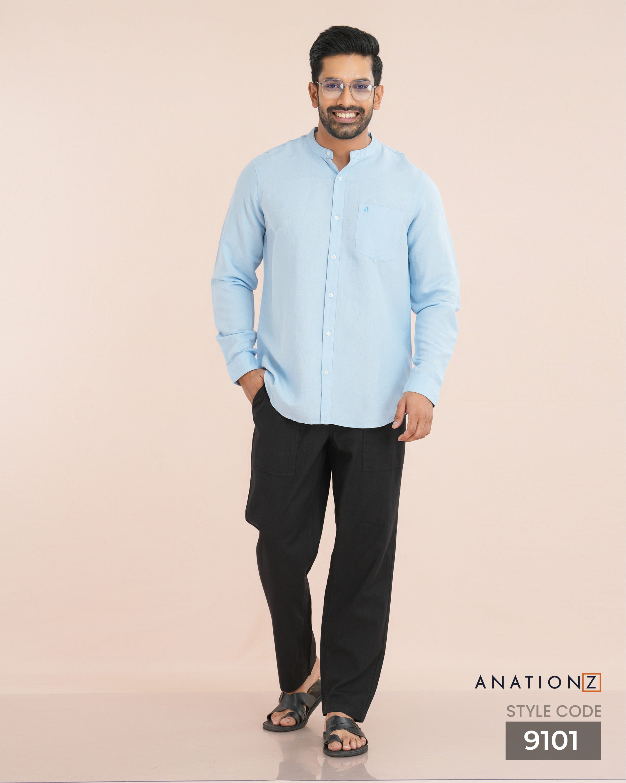 AnationZ Fluid Linen Chinese Collar Shirt - Open Sky Sri Lanka
