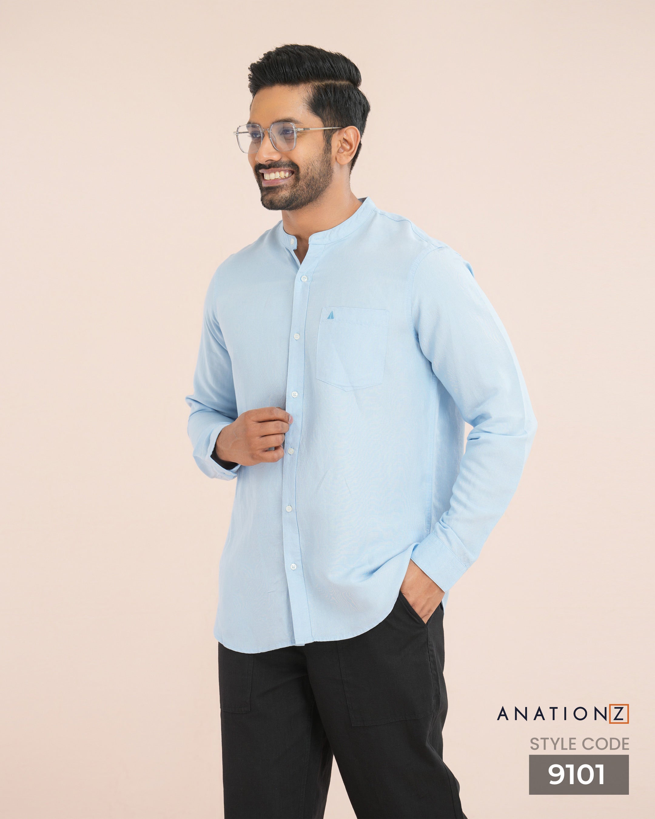 AnationZ Fluid Linen Chinese Collar Shirt - Open Sky Sri Lanka
