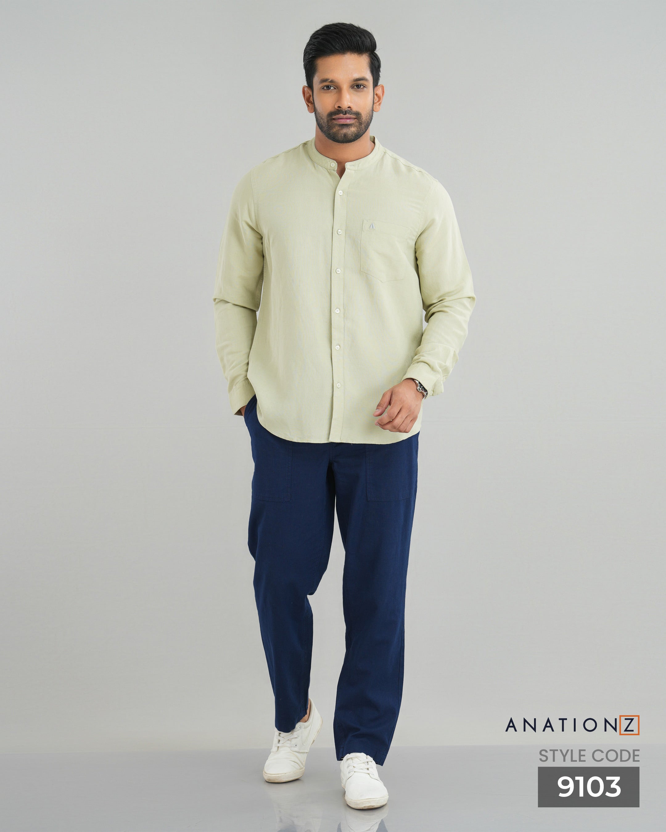 Viscose Linen Chinese Collar Shirt - Sage
