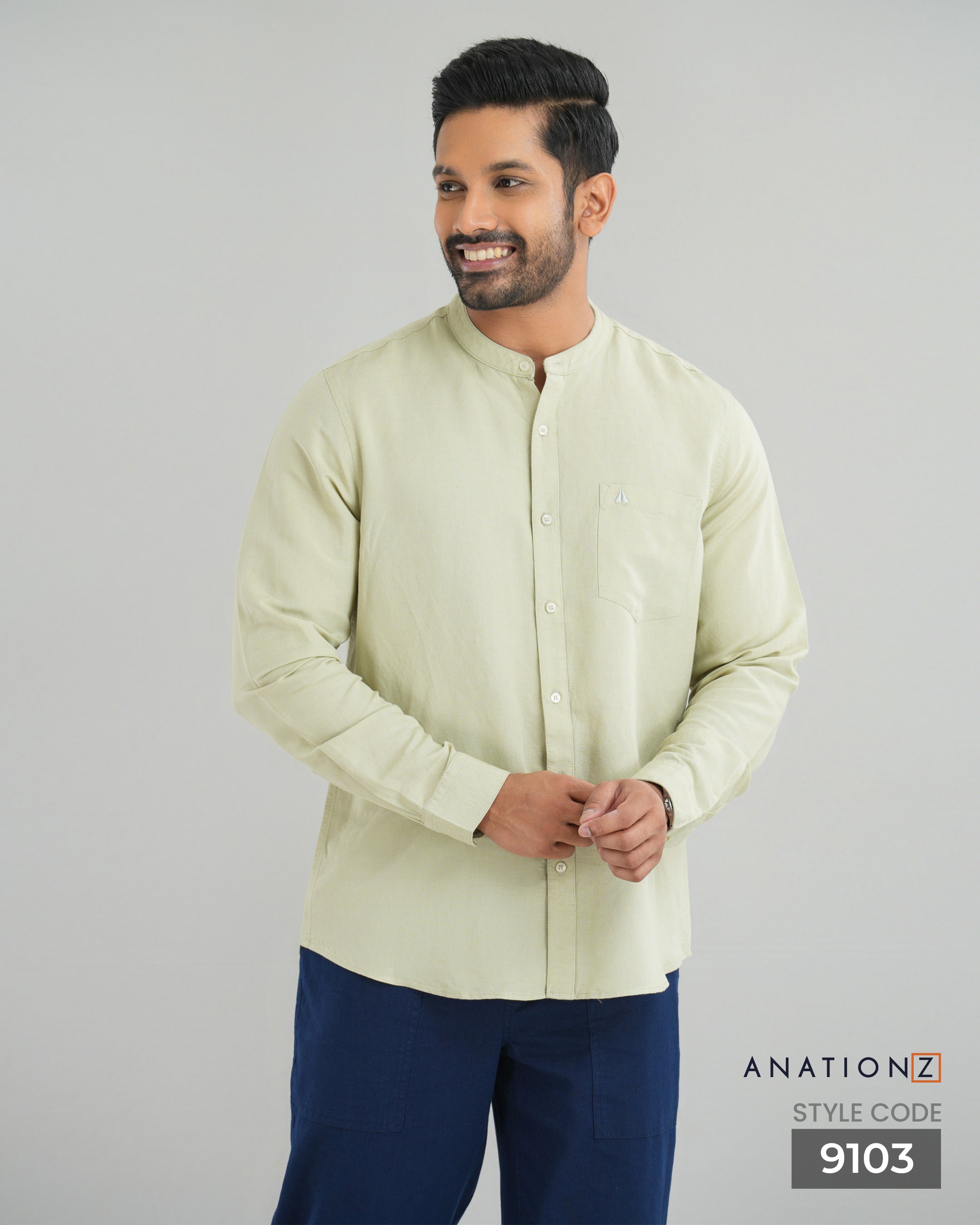 Viscose Linen Chinese Collar Shirt - Sage