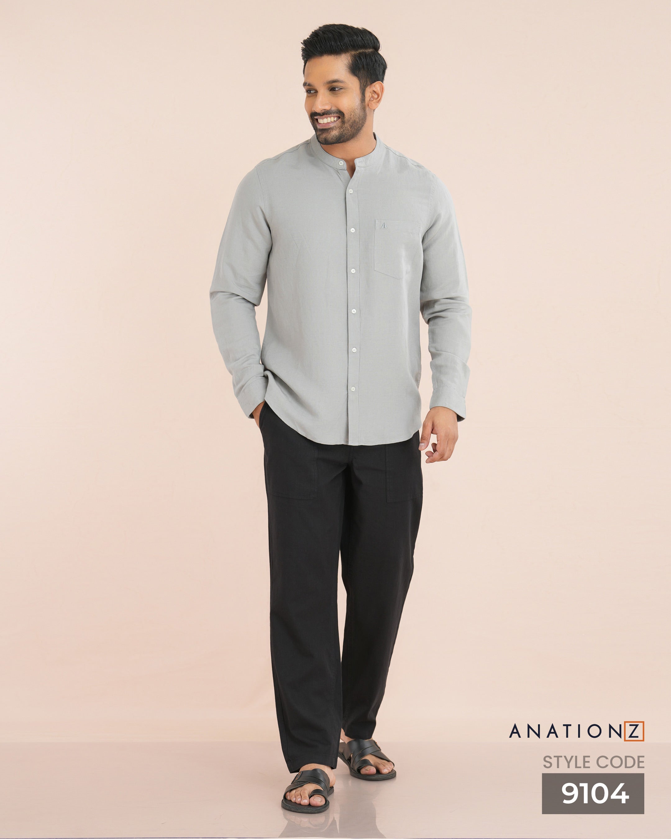 Viscose Linen Chinese Collar Shirt - Stone Gray
