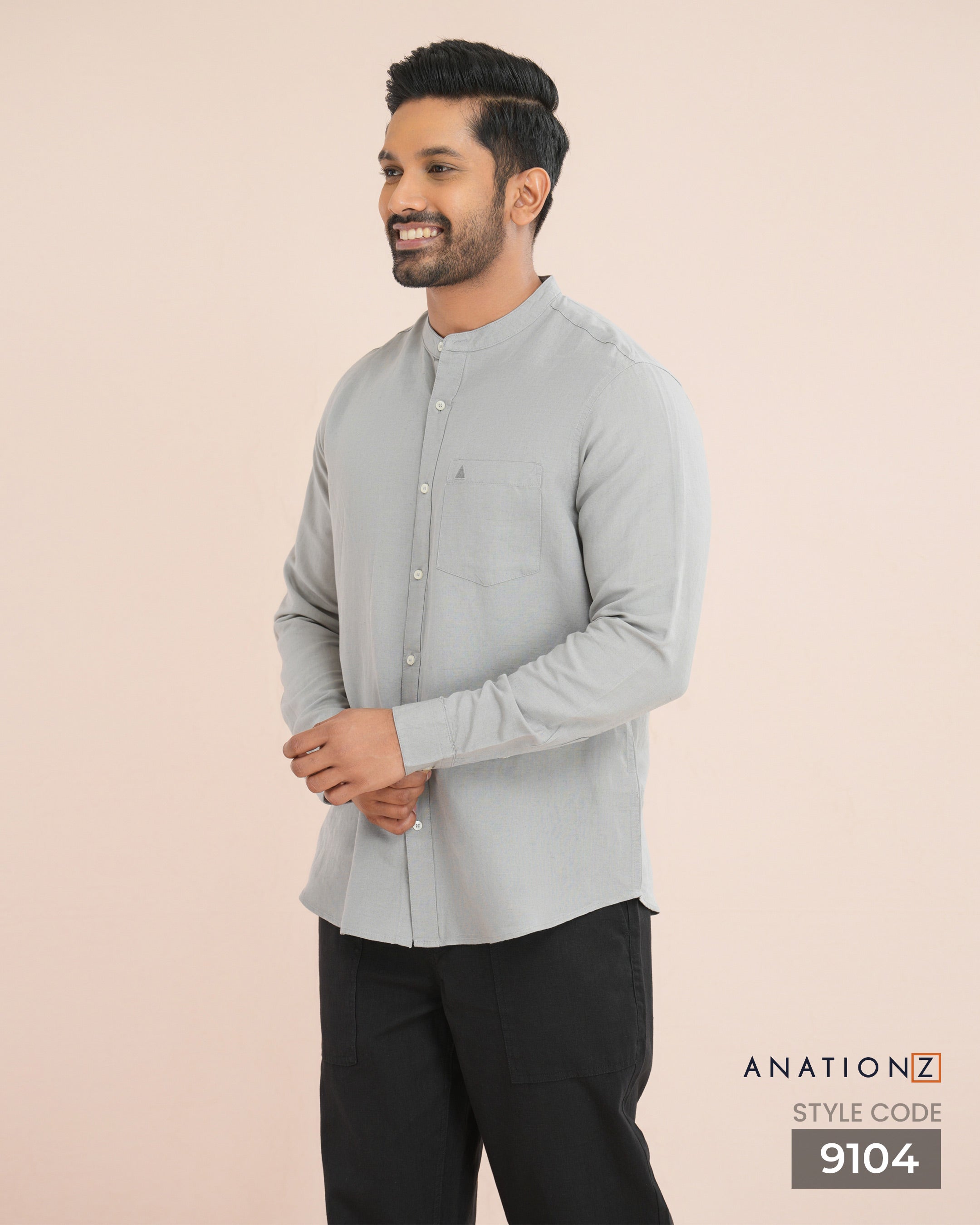 Viscose Linen Chinese Collar Shirt - Stone Gray
