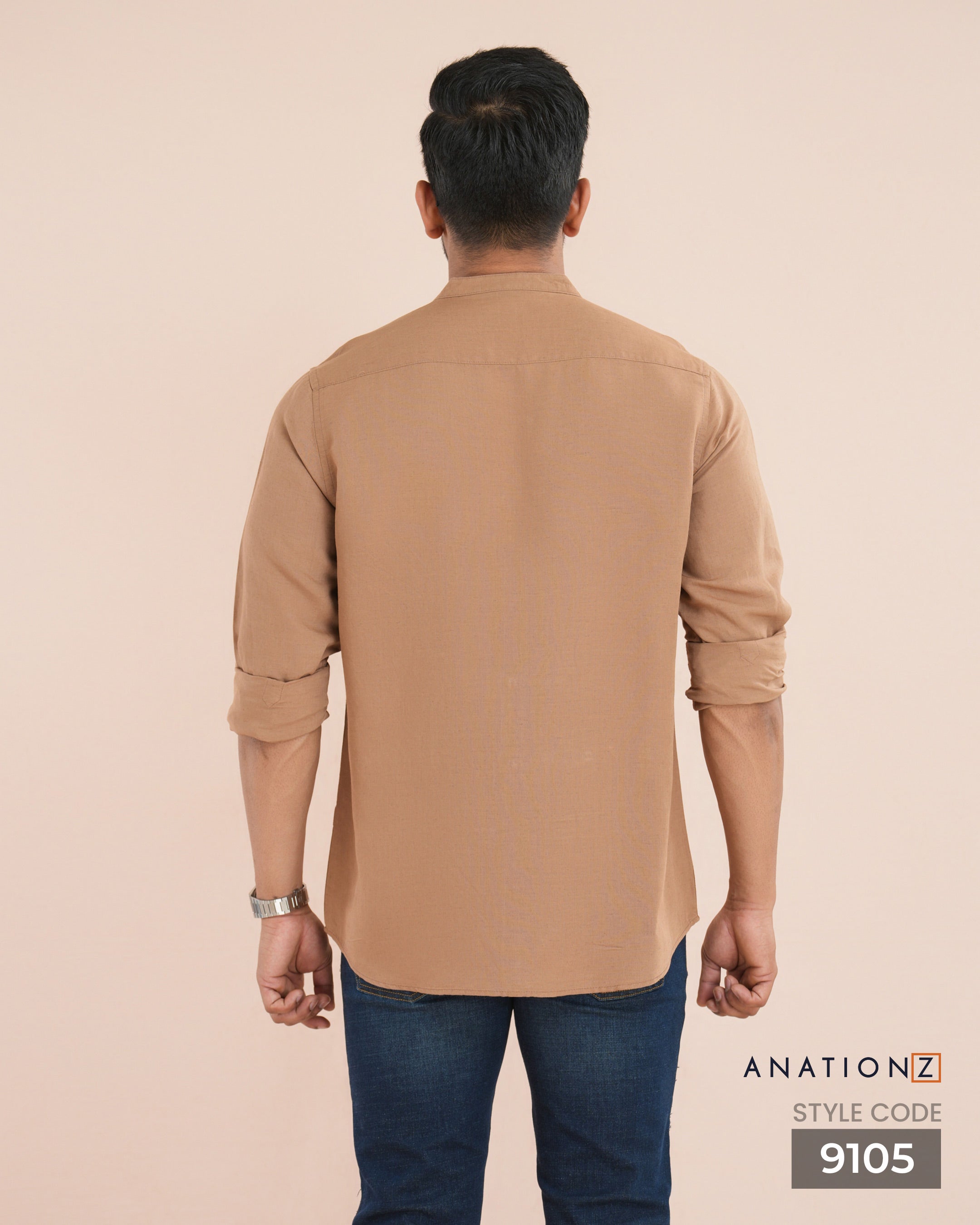 Viscose Linen Chinese Collar Shirt - Caramel