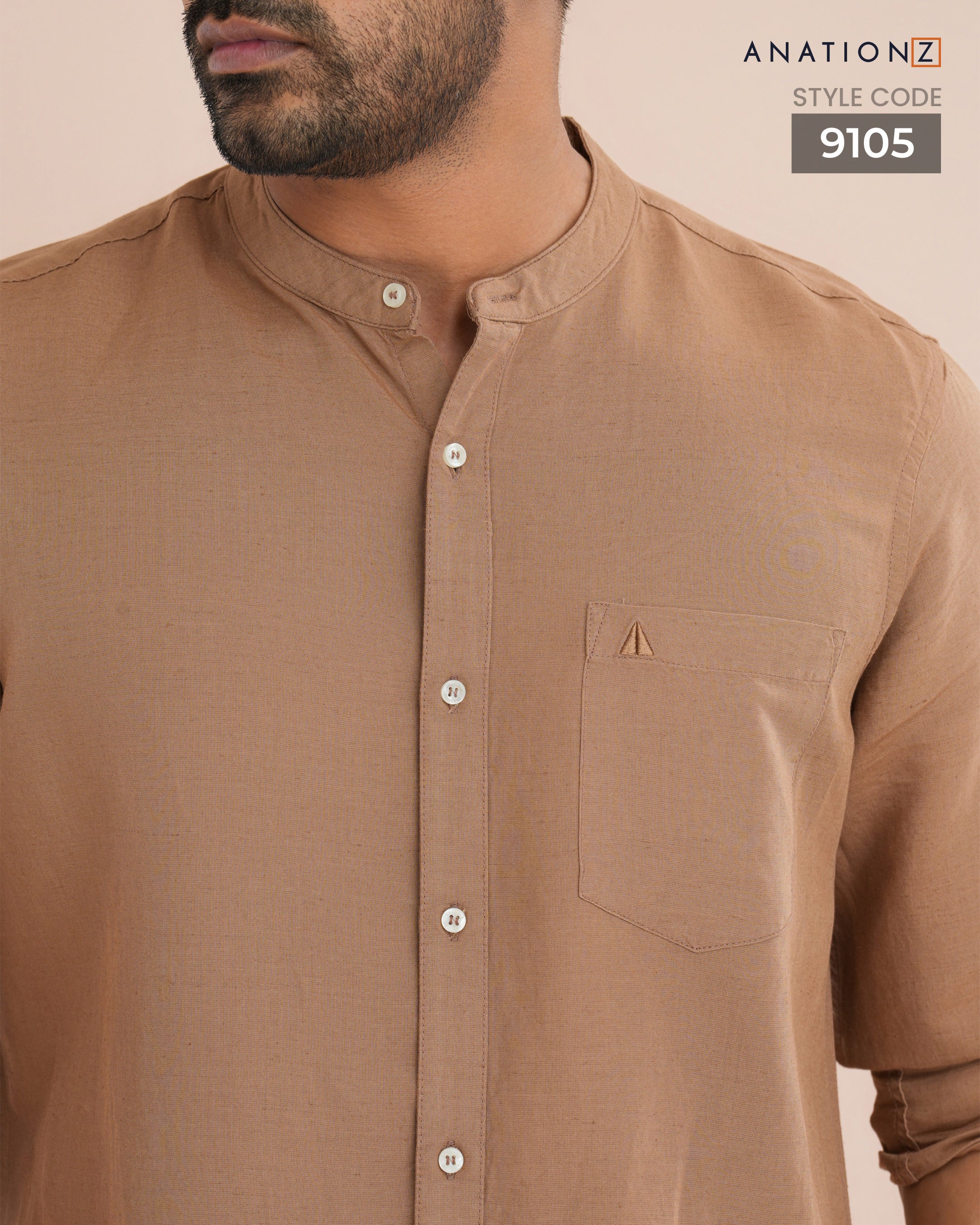Viscose Linen Chinese Collar Shirt - Caramel