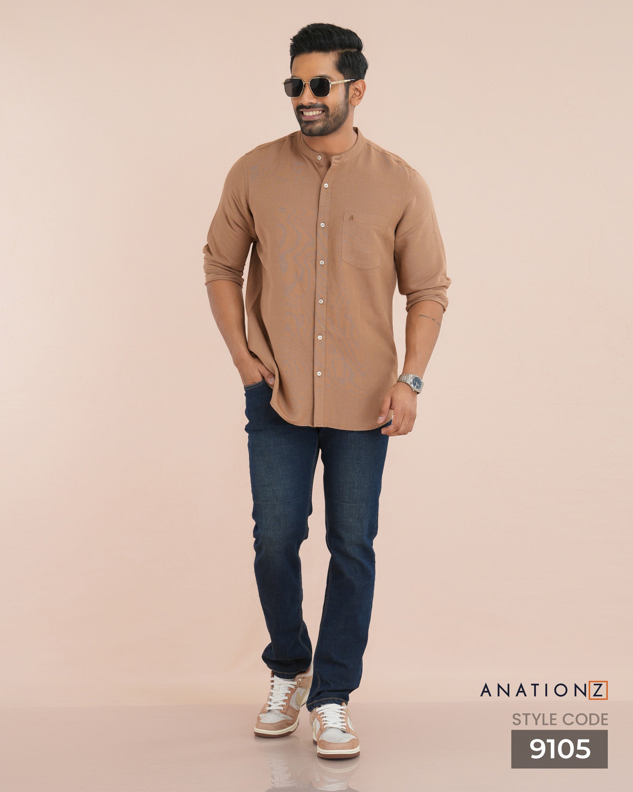 Viscose Linen Chinese Collar Shirt - Caramel