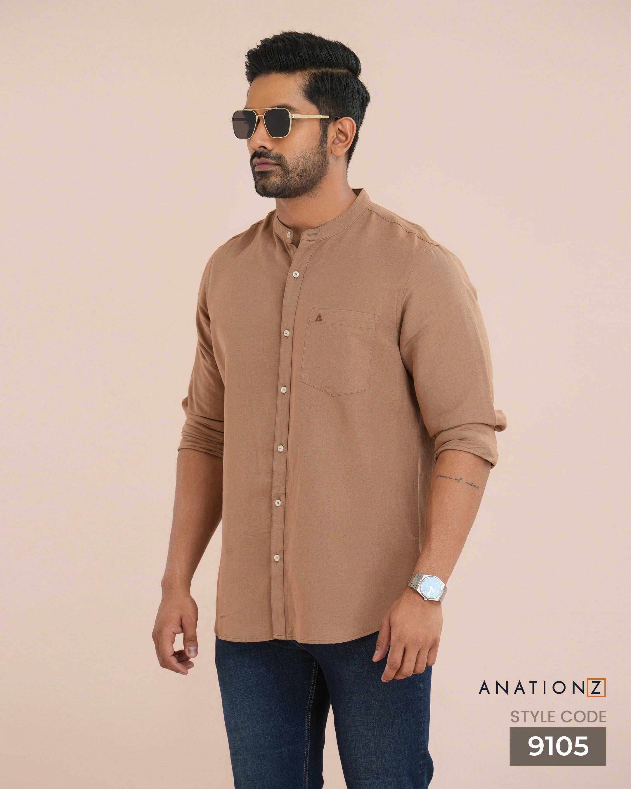 Viscose Linen Chinese Collar Shirt - Caramel
