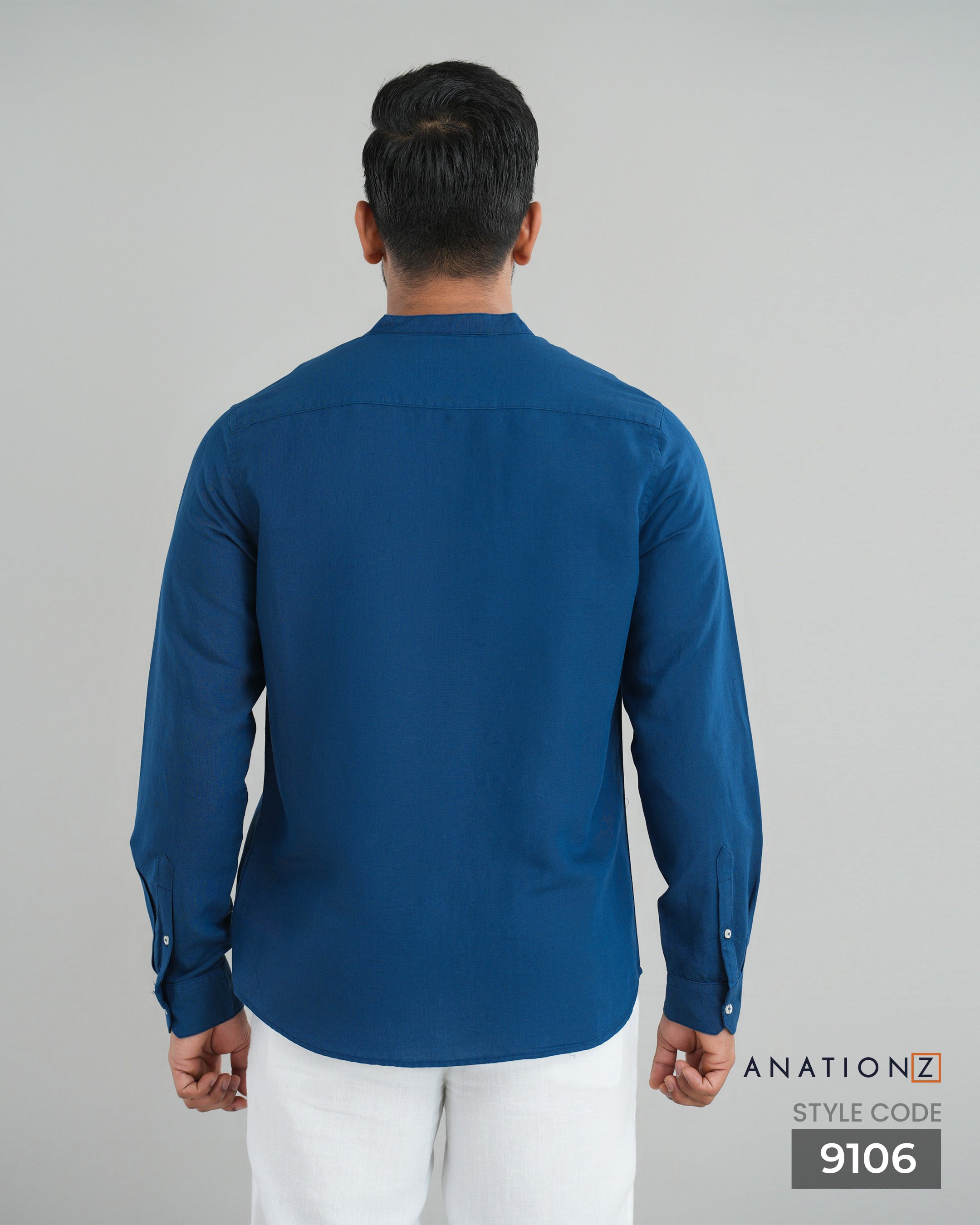 AnationZ Fluid Linen Chinese Collar Shirt - Atlantic Blue Sri Lanka