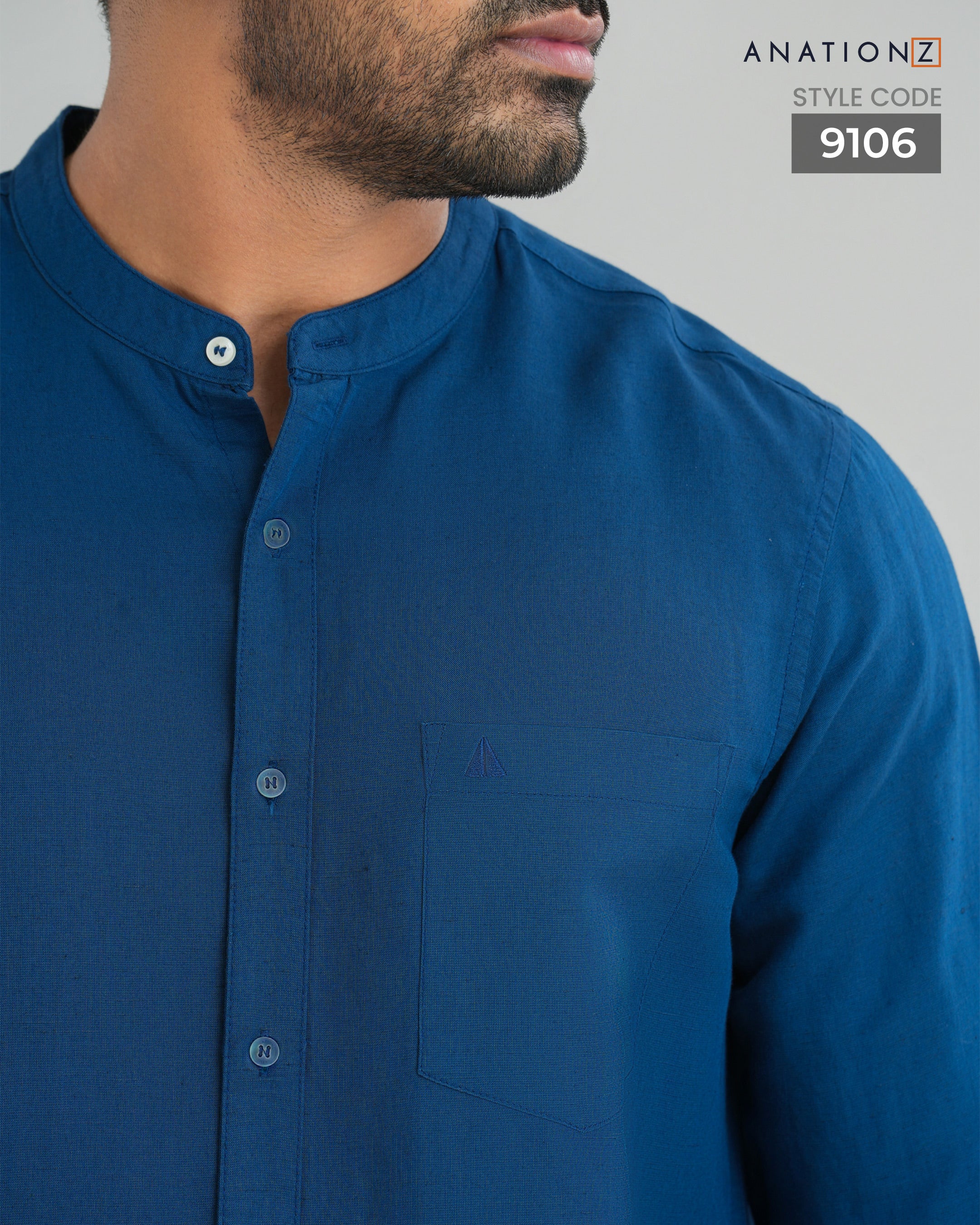 AnationZ Fluid Linen Chinese Collar Shirt - Atlantic Blue Sri Lanka