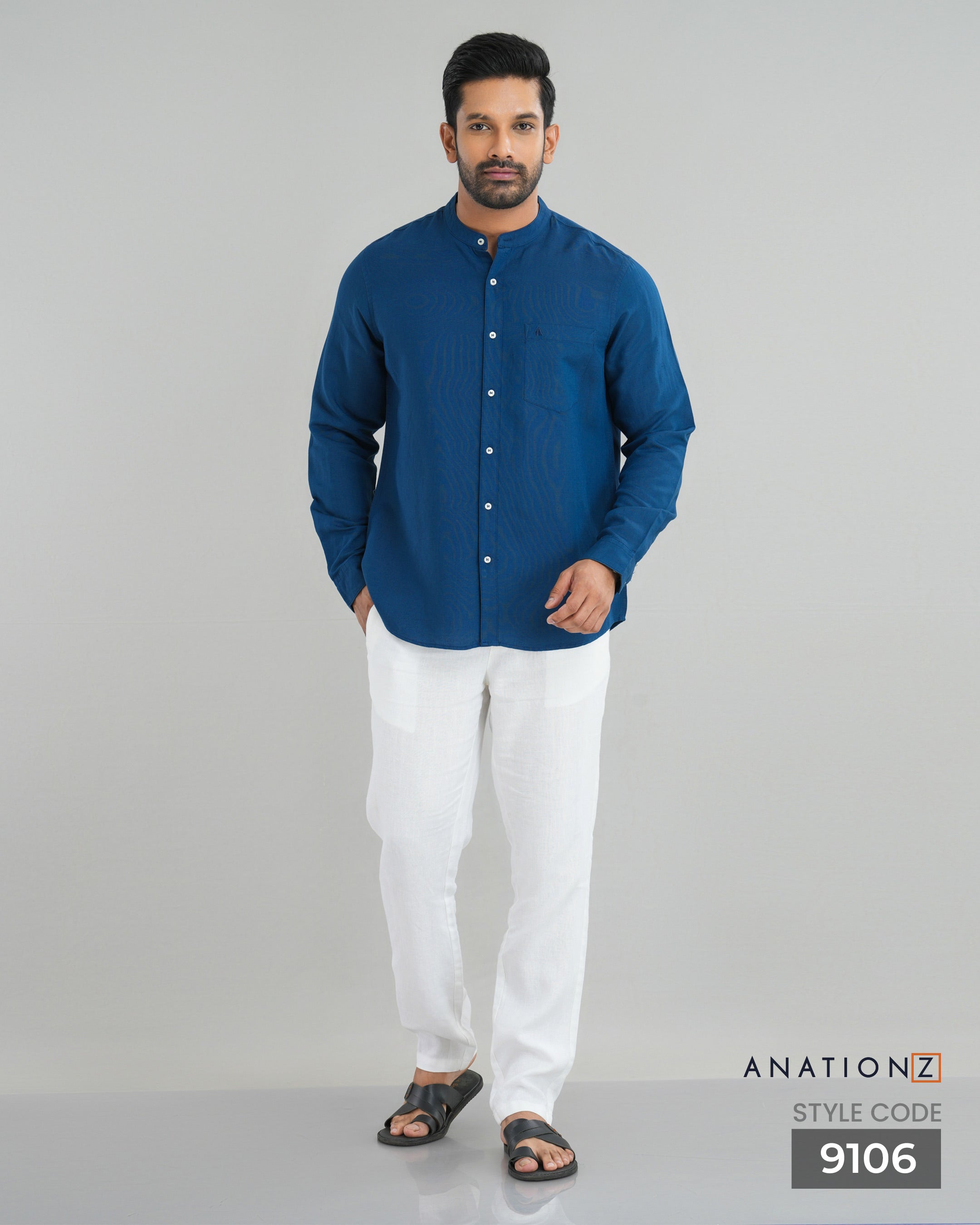 AnationZ Fluid Linen Chinese Collar Shirt - Atlantic Blue Sri Lanka