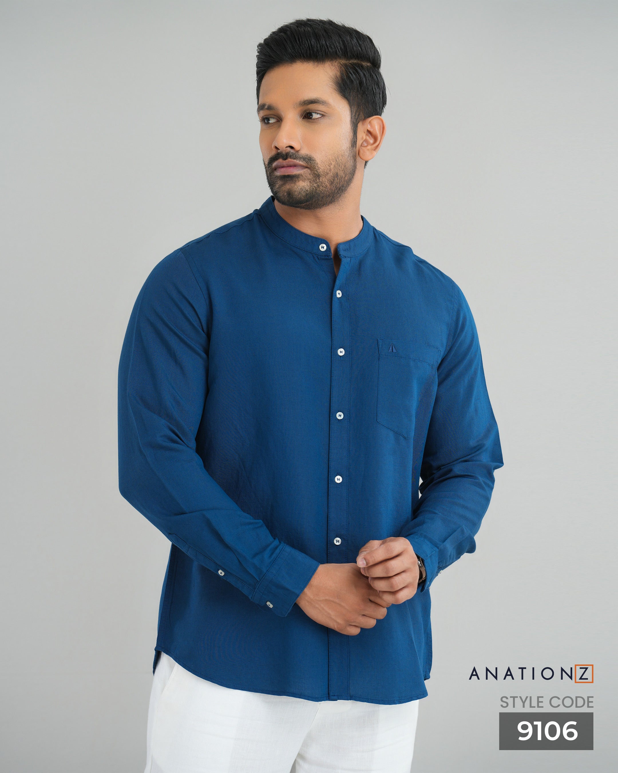 AnationZ Fluid Linen Chinese Collar Shirt - Atlantic Blue Sri Lanka