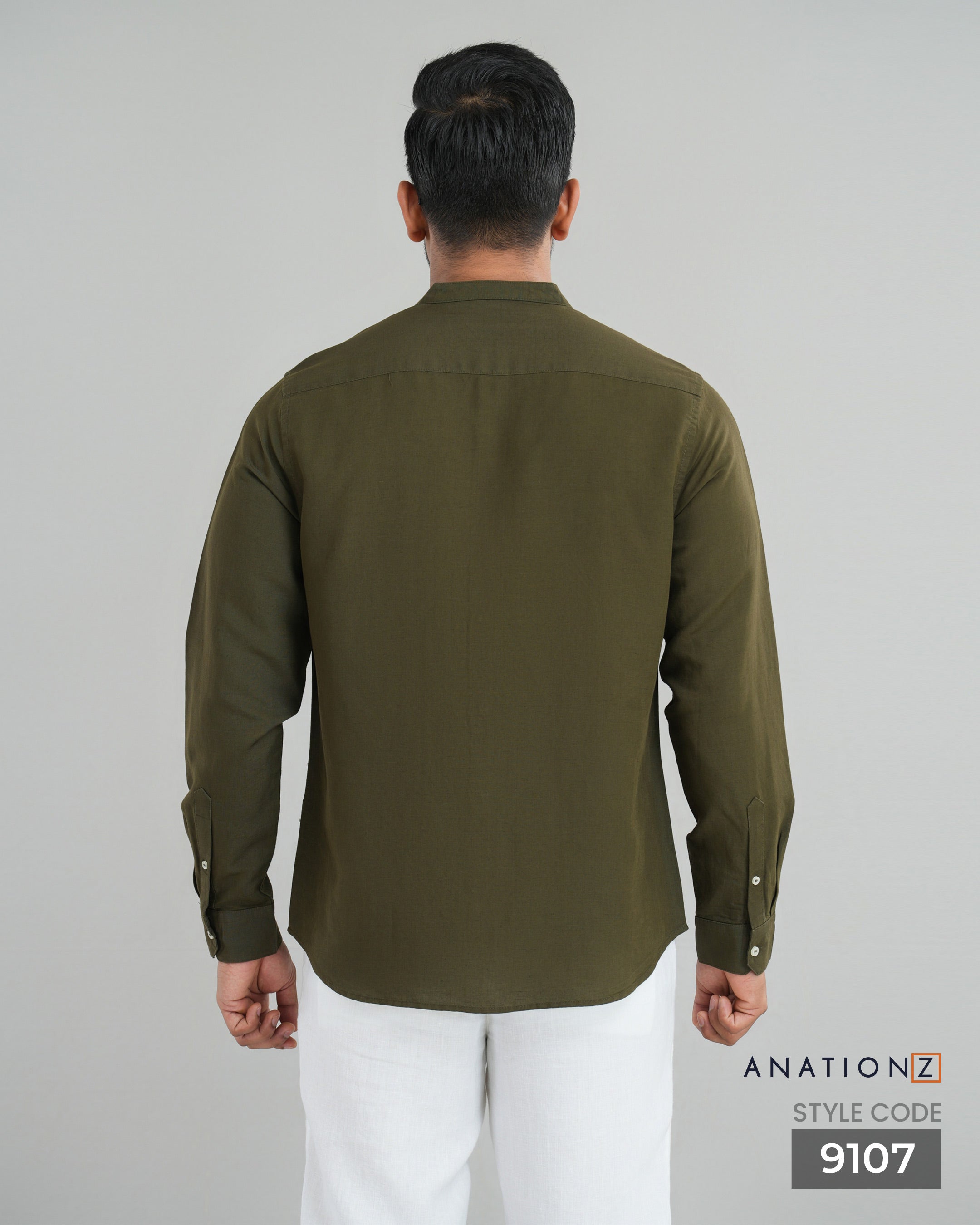Viscose Linen Chinese Collar Shirt - Olive