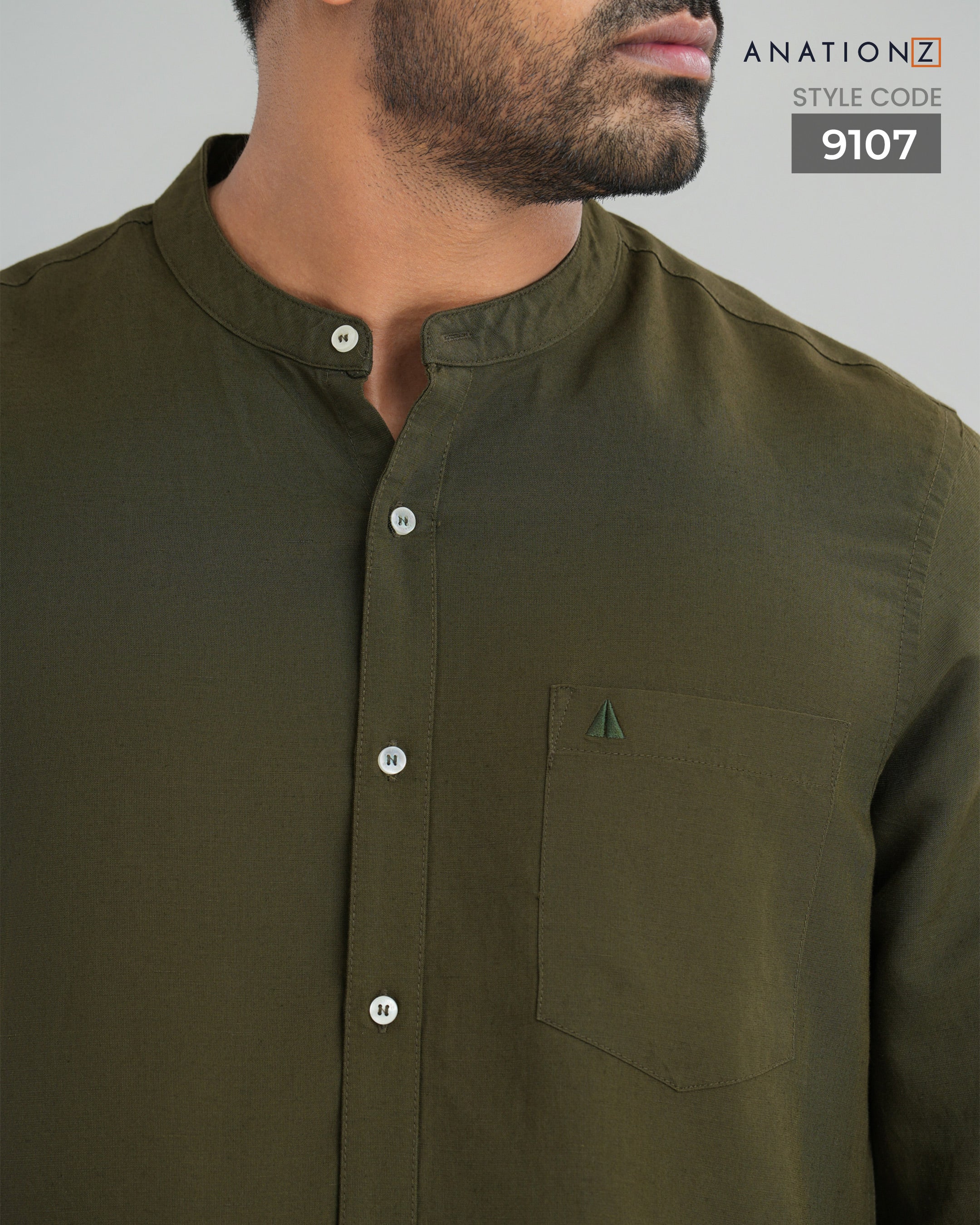 Viscose Linen Chinese Collar Shirt - Olive