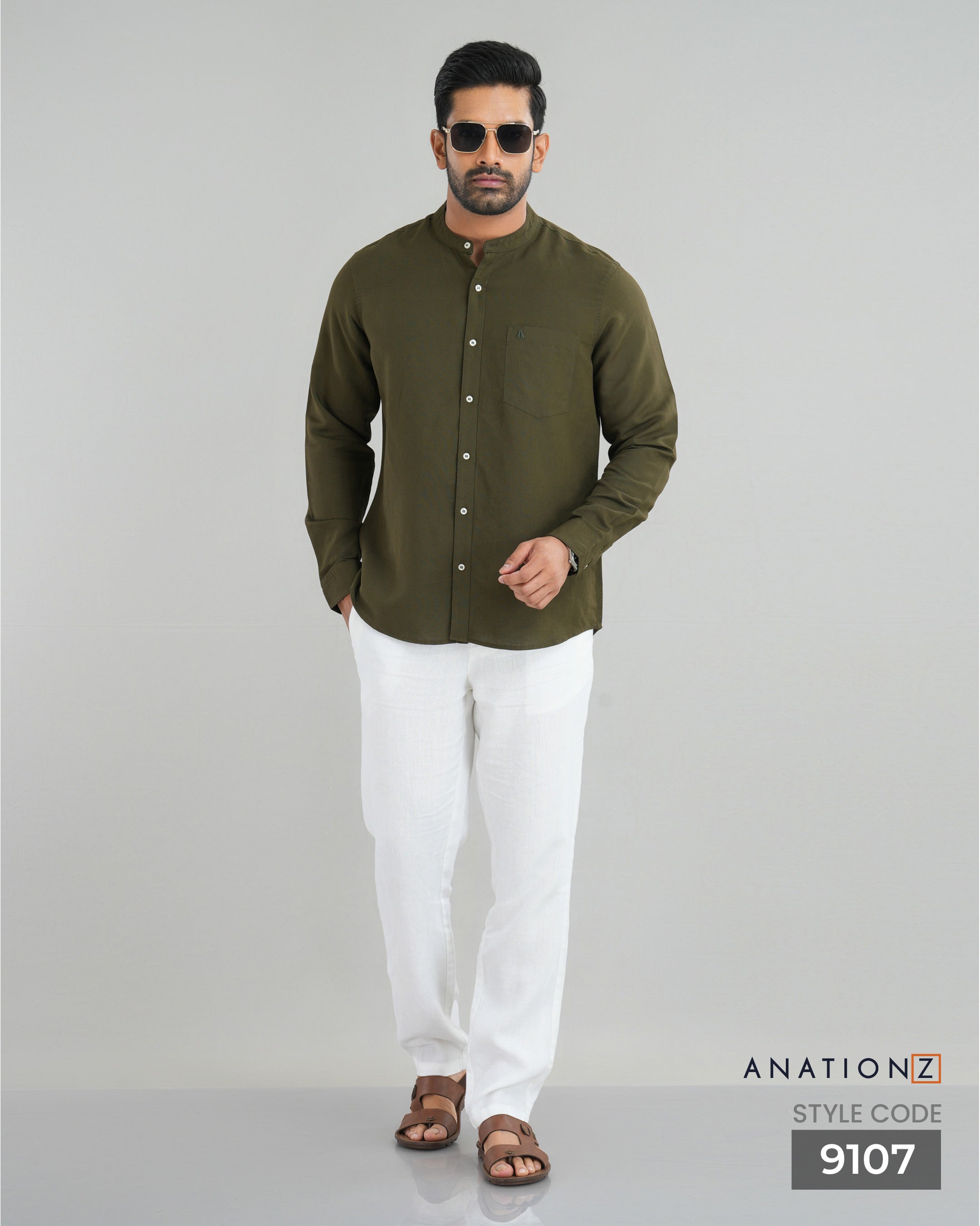 Viscose Linen Chinese Collar Shirt - Olive